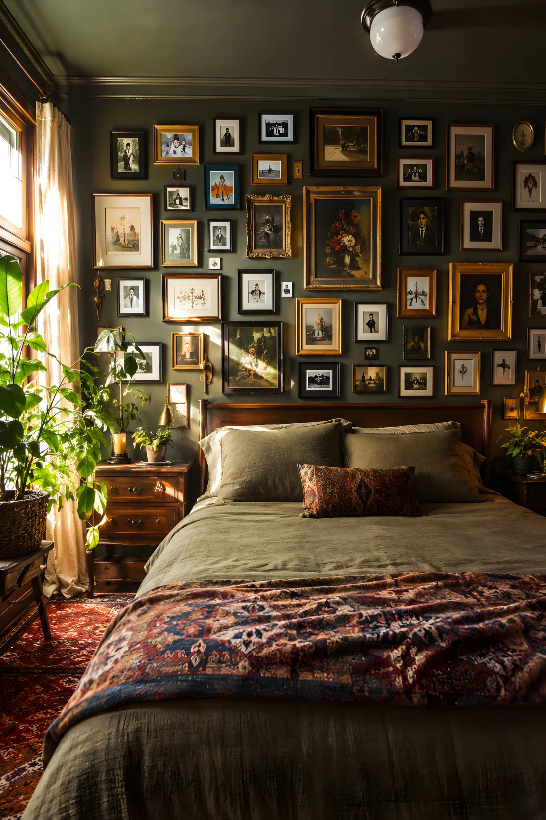 Wide angle photograph of a real bedroom interior, dense gallery wall of mismatched vintage frames in gold black and wood above a headboard, mix of small paintings postcards and photographs, vibrant saturated colors, warm afternoon sunlight from a side window, dramatic wide room angle showing full bed and wall, shot on a DSLR, editorial home magazine style, no illustration no 3D render.