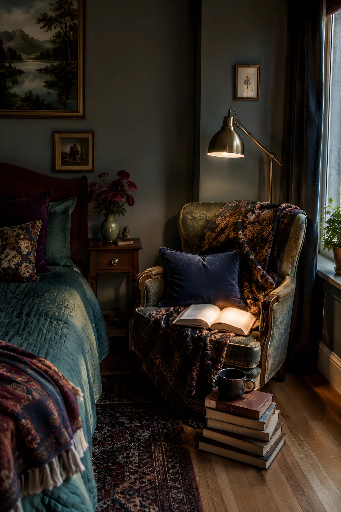 Wide angle photograph of a cozy bedroom reading corner, small vintage armchair with patterned throw blanket, stack of books on the floor, warm brass lamp placed low at chair arm height casting a soft downward pool of light onto an open book, window light entering from the side, vibrant jewel-toned textiles, dramatic wide room perspective, real photographic style, no render no illustration.
