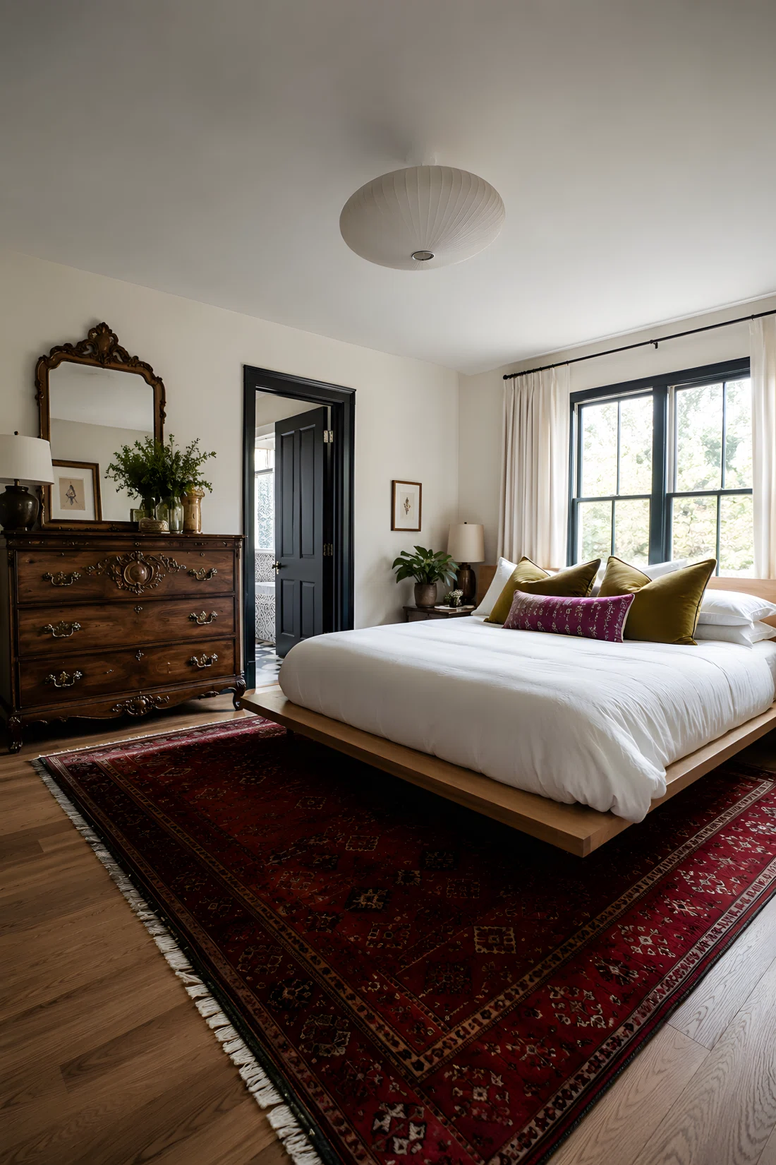 Wide angle photograph of a bedroom mixing an antique carved wood dresser with a modern low platform bed and crisp white bedding, contrasting old and new furniture silhouettes, vibrant accent colors in cushions and rug, natural daylight, dramatic wide camera angle capturing full room depth, real photographic editorial style, no illustration no 3D render.