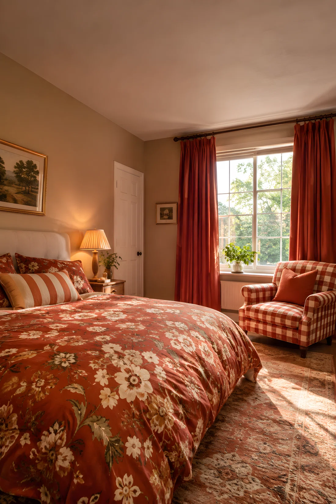 Wide angle photograph of a bedroom bed styled with a floral duvet in deep terracotta tones RGB(196,93,60), a striped throw pillow in matching terracotta and cream RGB(230,214,190), and a checkered accent chair upholstered in the same terracotta family RGB(178,80,50), all patterns unified by the repeating terracotta hue, vibrant rich colors, bright window light, dramatic wide room angle, real photographic style, no illustration no render.