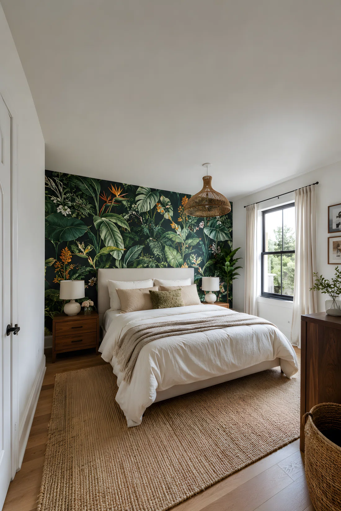 Wide angle photograph of a bedroom with one bold botanical print wallpaper accent wall behind the headboard in emerald green tones, remaining three walls painted plain warm white, neutral bedding contrasting the busy wall, vibrant saturated wallpaper colors, natural window light, dramatic wide angle showing the full room and wall contrast, real photographic editorial style, no illustration no 3D render.