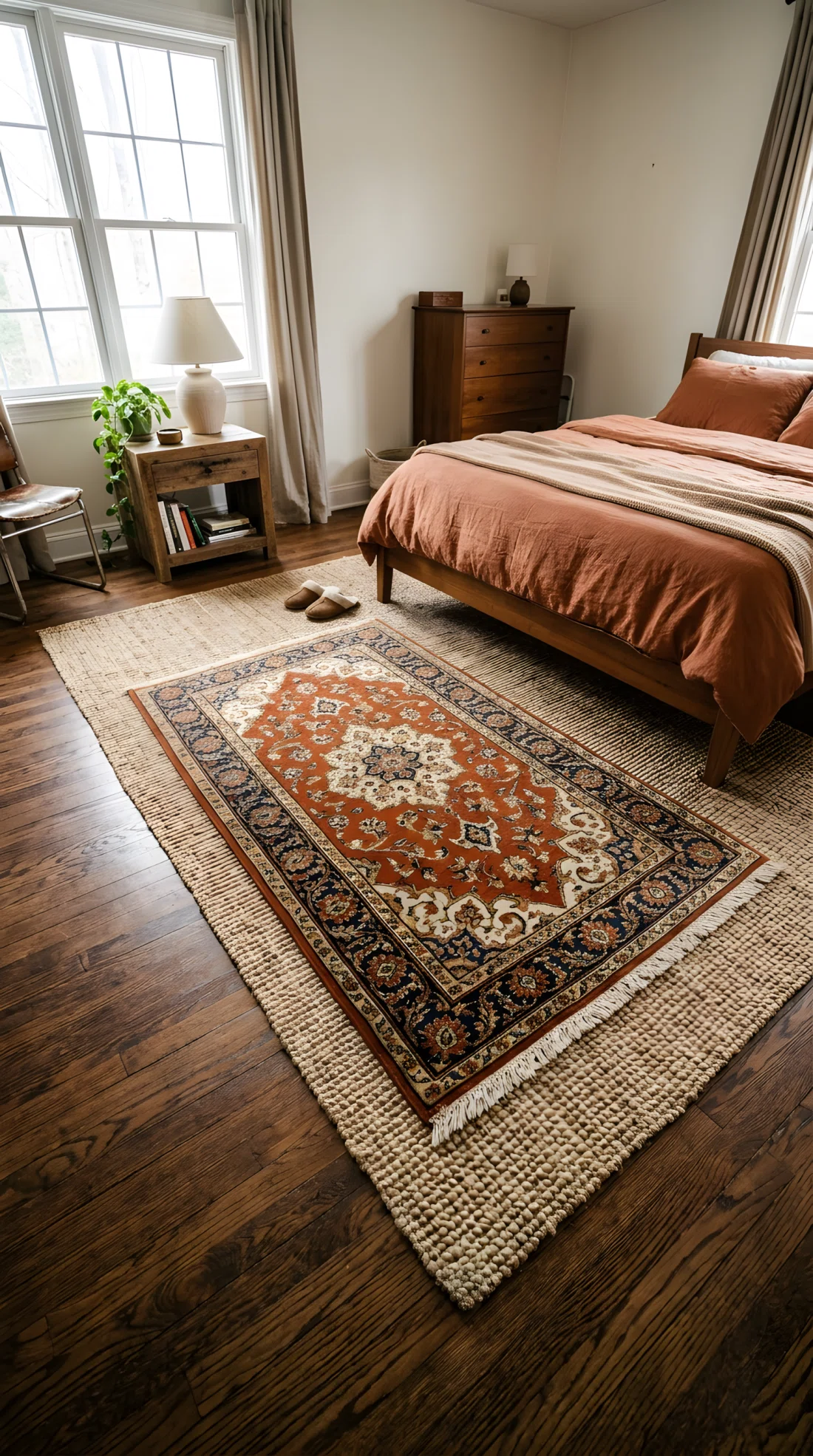Wide angle photograph of a bedroom floor with a large jute textured rug layered under a smaller vintage Persian style rug near the bed, visible texture contrast between the two rugs, warm wood flooring peeking at edges, vibrant rug colors in rust and cream, natural side window light, dramatic wide room angle, real photographic style, no illustration no 3D render.
