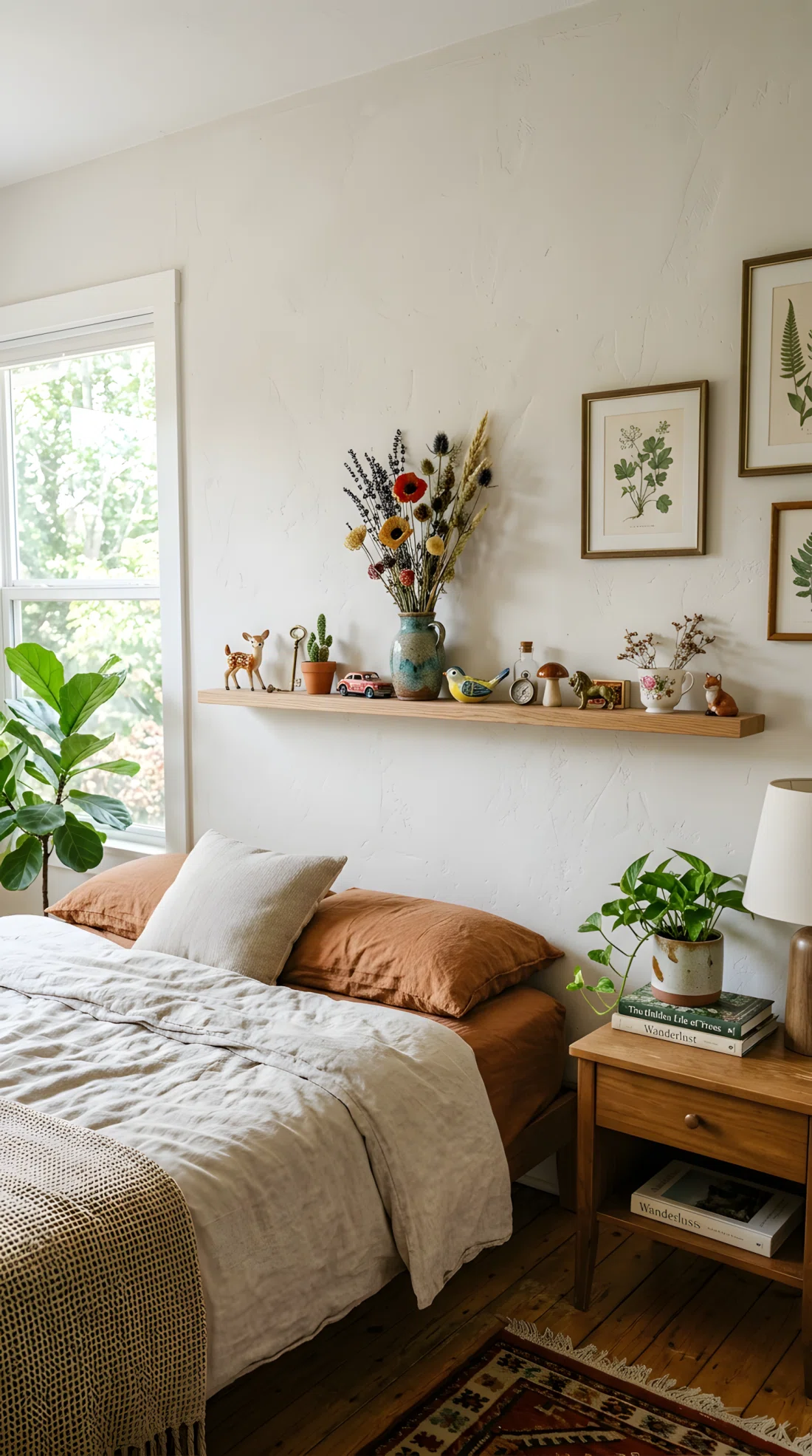 Wide angle photograph of a bedroom wall with a slim floating wood shelf displaying small ceramic figurines, dried flowers in a bud vase, and vintage trinkets grouped in odd numbers at varying heights, vibrant object colors against a neutral wall, bright natural daylight, dramatic wide room perspective, real photographic editorial style, no illustration no render.