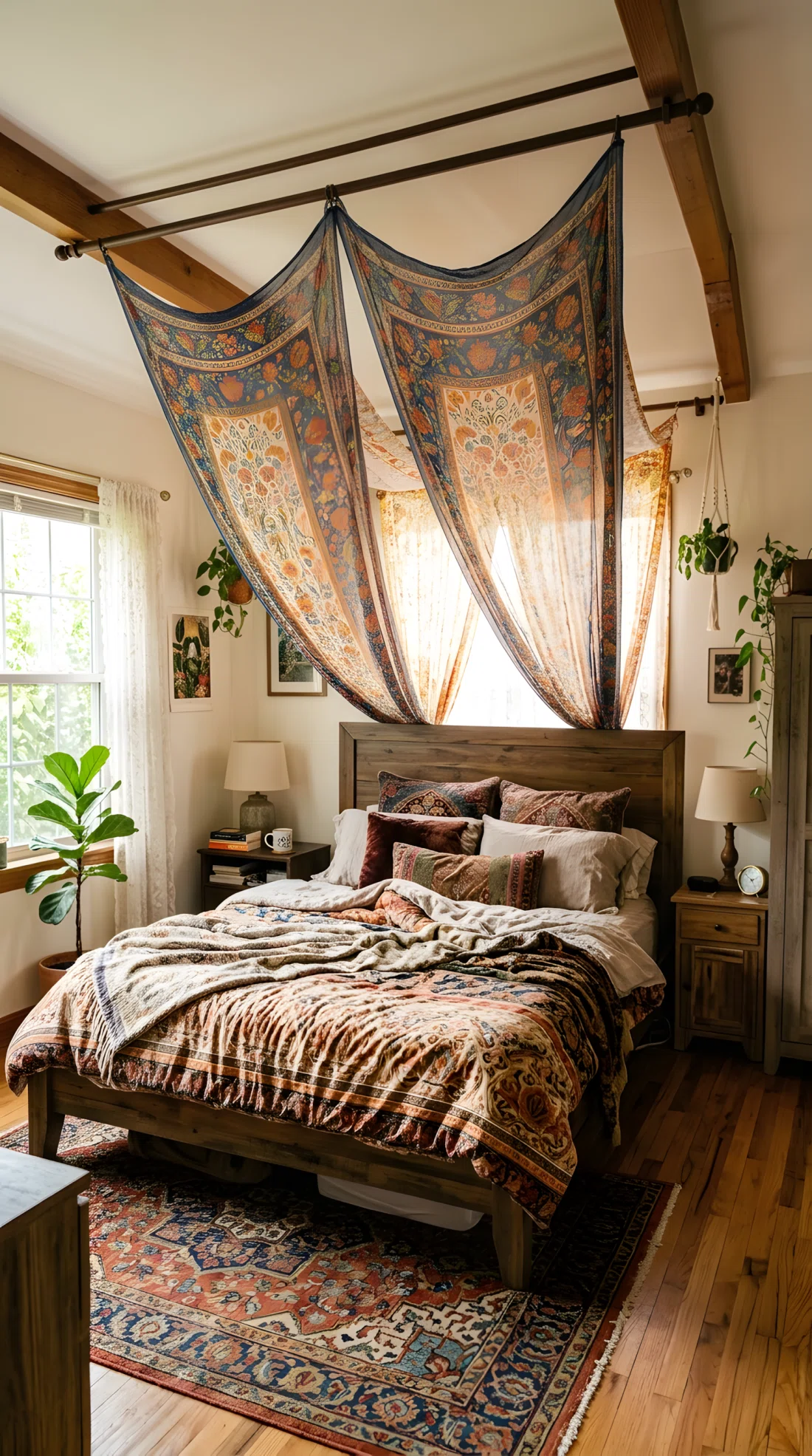 Wide angle photograph of a bedroom with sheer patterned fabric draped from a ceiling mounted rod cascading softly on both sides of the headboard, fabric catching gentle window light, warm layered bedding below, vibrant fabric pattern colors, dramatic wide room angle showing full canopy drape and bed, real photographic style, no illustration no 3D render.