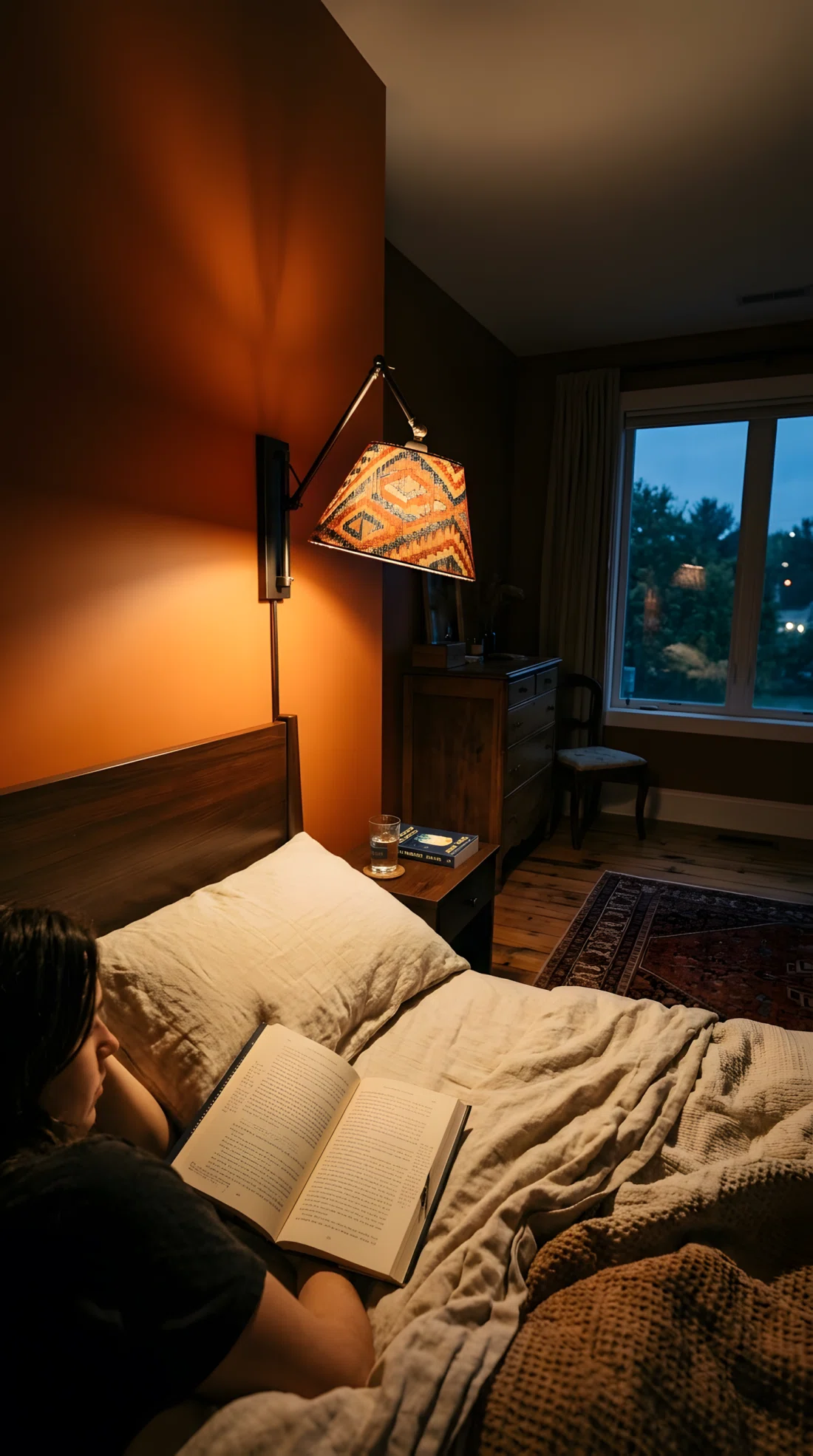 Wide angle photograph of a bedroom at dusk with an adjustable wall mounted sconce lamp arm angled downward so light pools directly onto a pillow and open book on the bed, warm golden light glow contrasting with dim ambient room light, patterned fabric lampshade, vibrant deep wall colors visible in the glow, dramatic wide room angle, real photographic style, no illustration no 3D render.