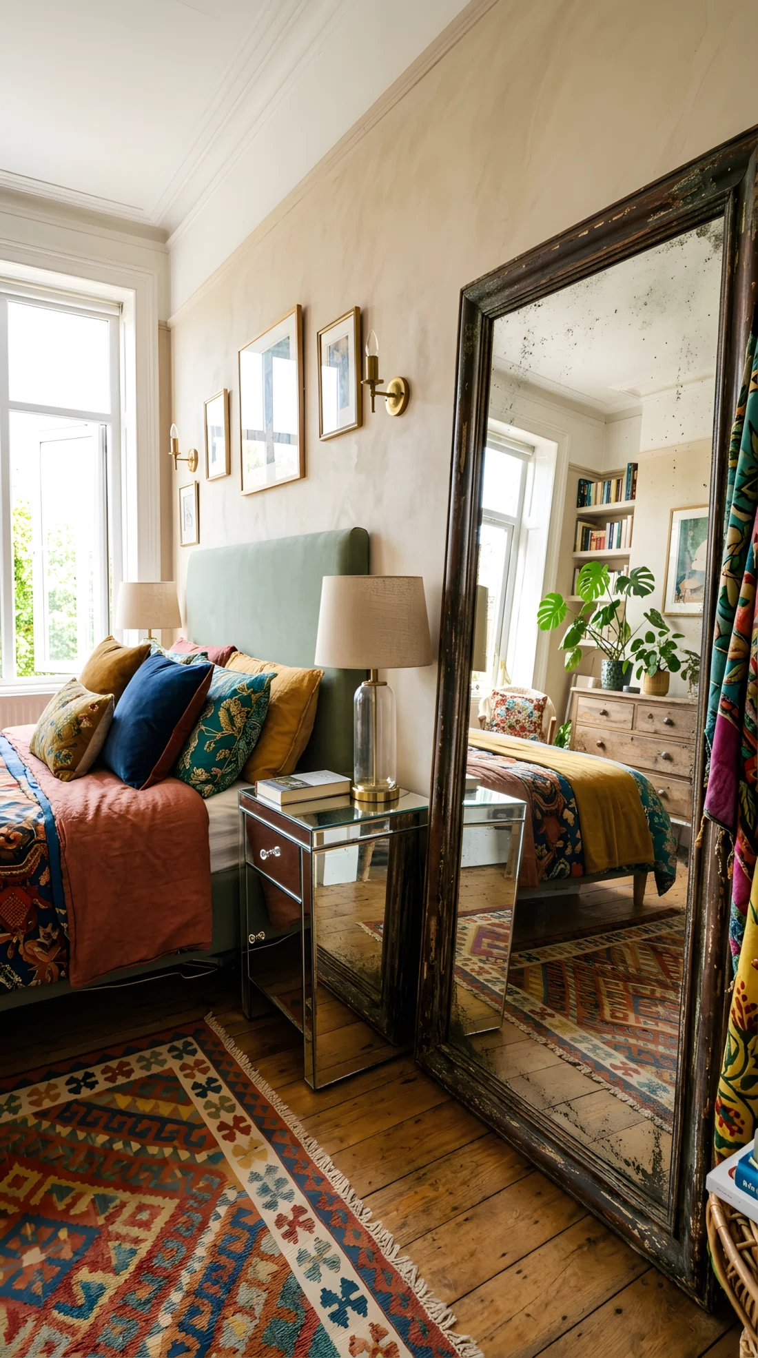 Wide angle photograph of a bedroom featuring a mirrored nightstand catching reflected window light beside the bed, an antique mercury mirror leaning against the wall, glass surfaces bouncing bright natural light around the room, vibrant surrounding textile colors, dramatic wide room angle showing full reflection depth, real photographic editorial style, no illustration no 3D render.