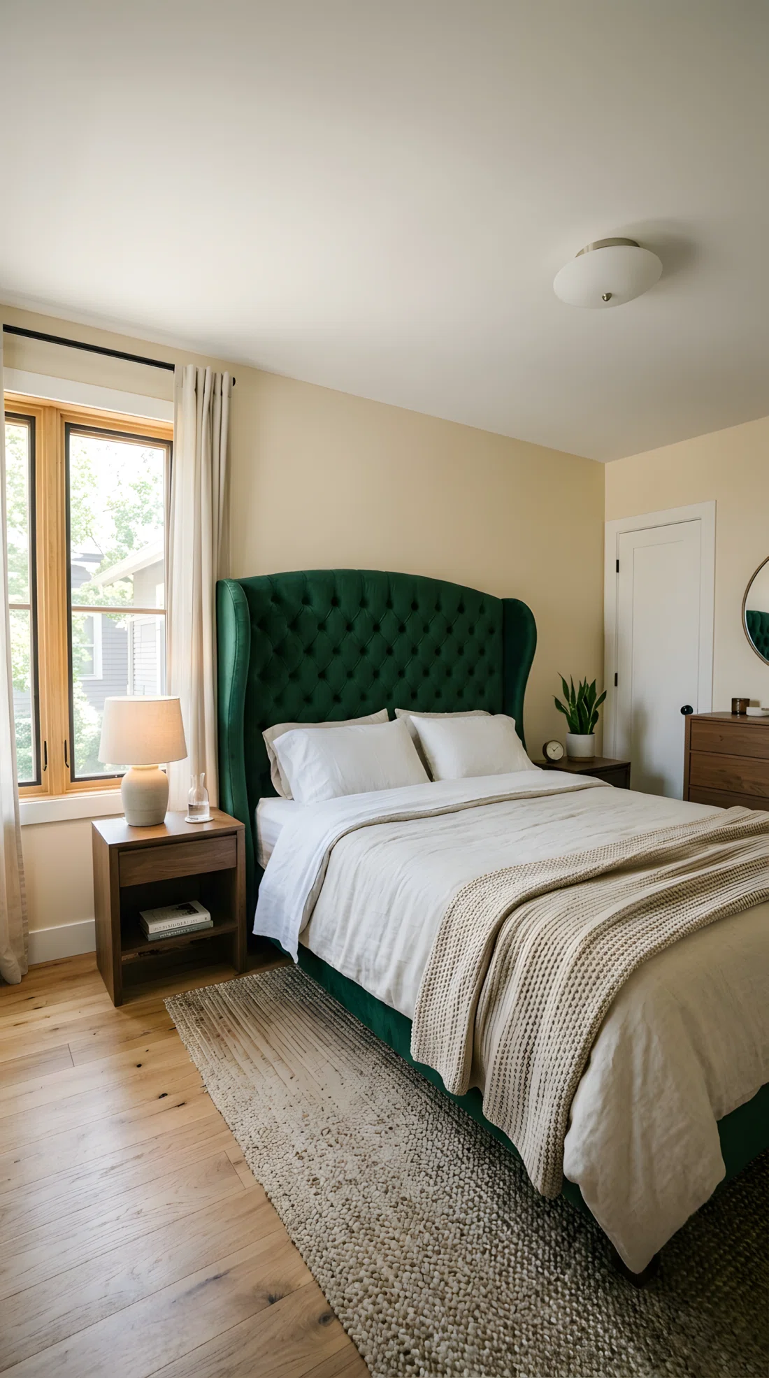 Wide angle photograph of a bedroom with a tall curved tufted velvet headboard in deep emerald green RGB(30,90,60) as the room's focal point, simple neutral bedding beneath it, minimal nearby furniture to let the headboard stand out, vibrant headboard color against warm walls, natural window light, dramatic wide room angle, real photographic style, no illustration no 3D render.