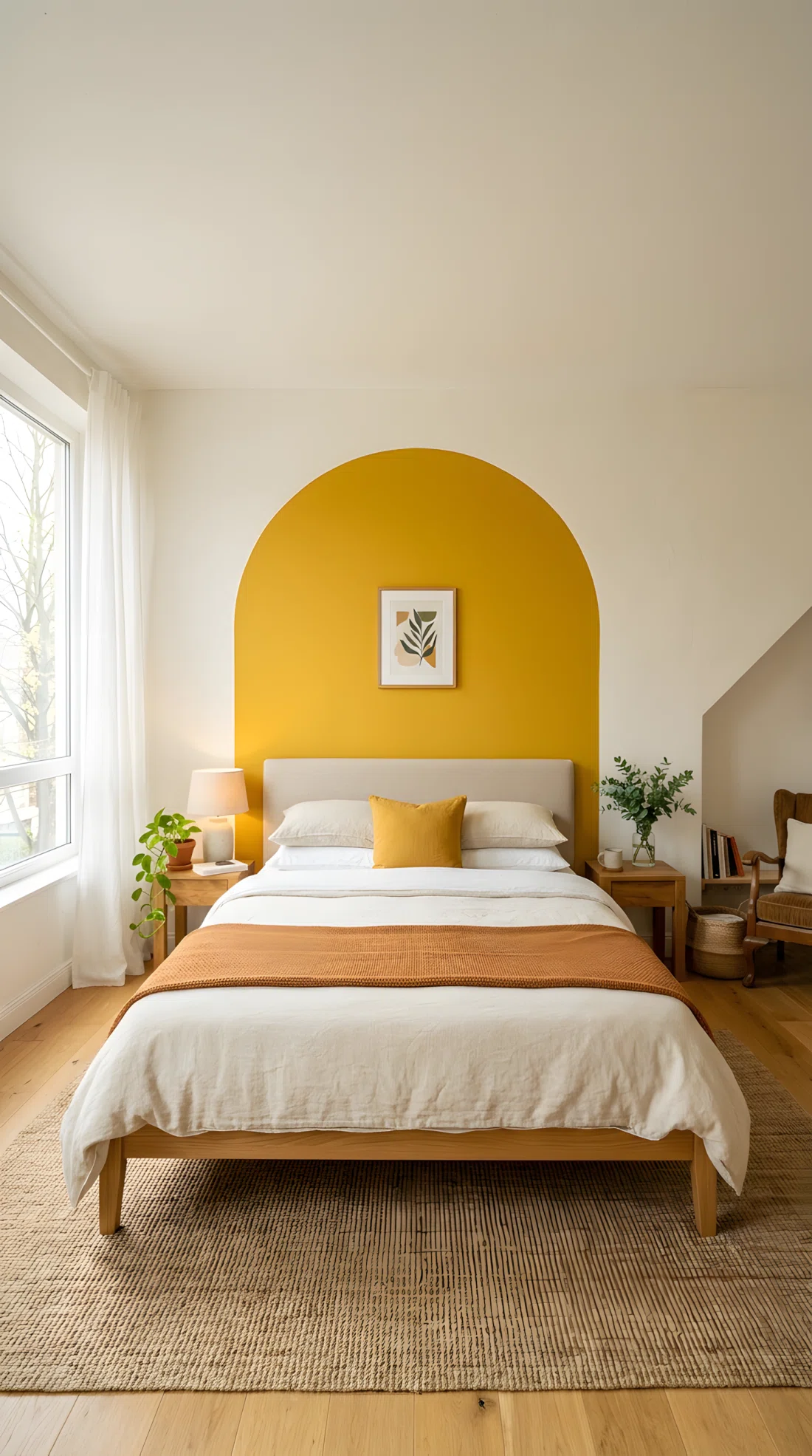 Wide angle photograph of a bedroom with a large painted arch shape in mustard yellow RGB(212,160,50) behind the headboard against a plain cream wall, sharp clean paint edges, bed styled simply below the arch, vibrant contrast between wall and color block, bright natural daylight, dramatic wide room angle, real photographic style, no illustration no 3D render.