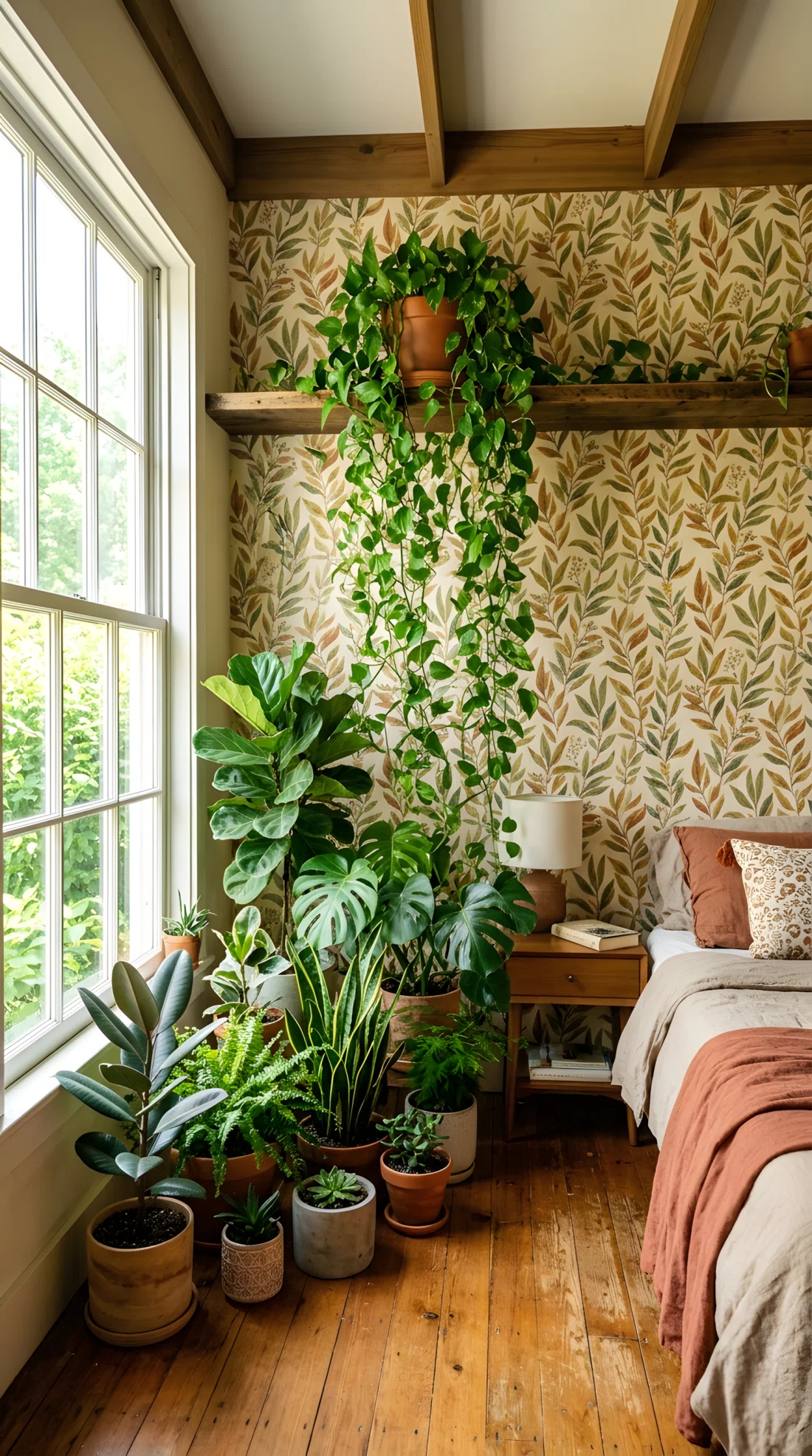 Wide angle photograph of a bedroom corner with a trailing pothos plant cascading down from a high wood shelf, clustered potted plants of varying heights on the floor below, greenery against patterned wallpaper, vibrant green tones contrasting warm room colors, bright natural window light, dramatic wide room angle, real photographic style, no illustration no 3D render.