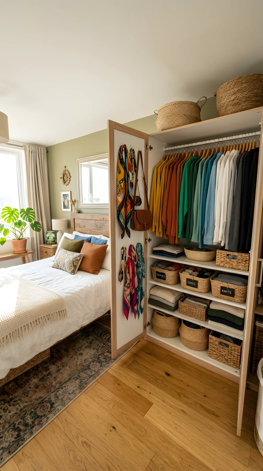 Wide angle photograph of a bedroom with an open wood framed wardrobe displaying clothes neatly organized by color, decorative woven baskets on lower shelves, hooks holding scarves and accessories, vibrant clothing colors visible through the open frame, natural daylight, dramatic wide room angle showing wardrobe and bed together, real photographic style, no illustration no 3D render.