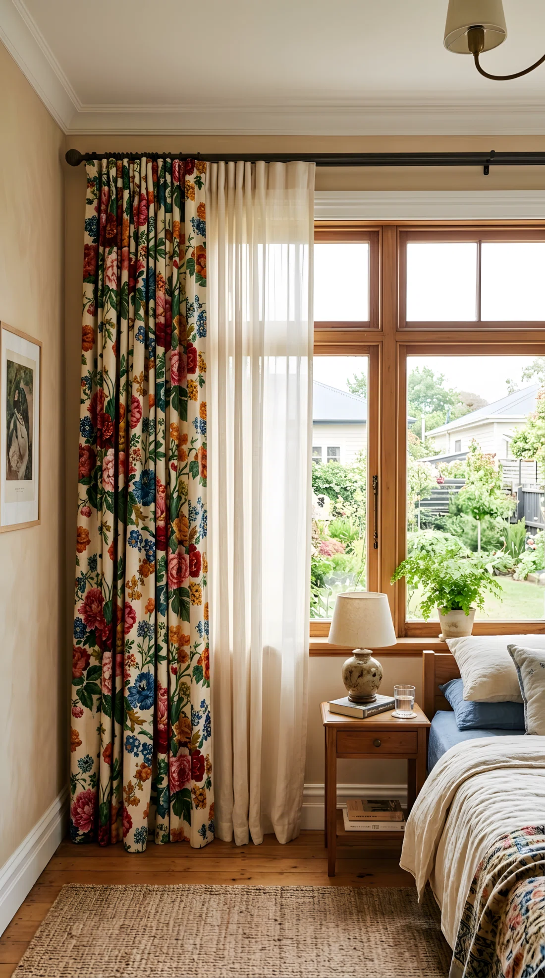 Wide angle photograph of a bedroom window with a sheer solid cream curtain layered underneath a bold floral printed curtain panel, both hanging together at the window, soft daylight filtering through the sheer layer, vibrant floral pattern colors, dramatic wide room angle showing full window and surrounding wall, real photographic style, no illustration no 3D render.