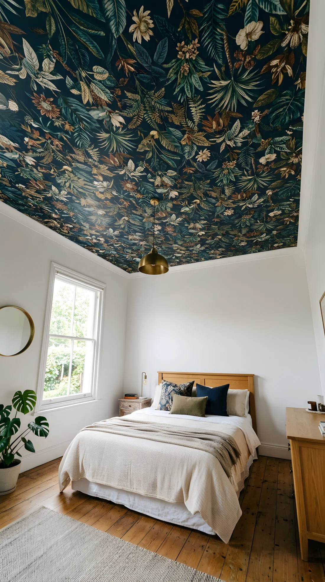 Wide angle photograph of a bedroom with a bold botanical wallpaper applied to the ceiling in deep navy tones RGB(25,45,80), walls kept plain white for contrast, bed styled simply below, vibrant ceiling pattern colors, natural window light illuminating the room, dramatic wide upward-tilted camera angle capturing ceiling and full room, real photographic style, no illustration no 3D render.
