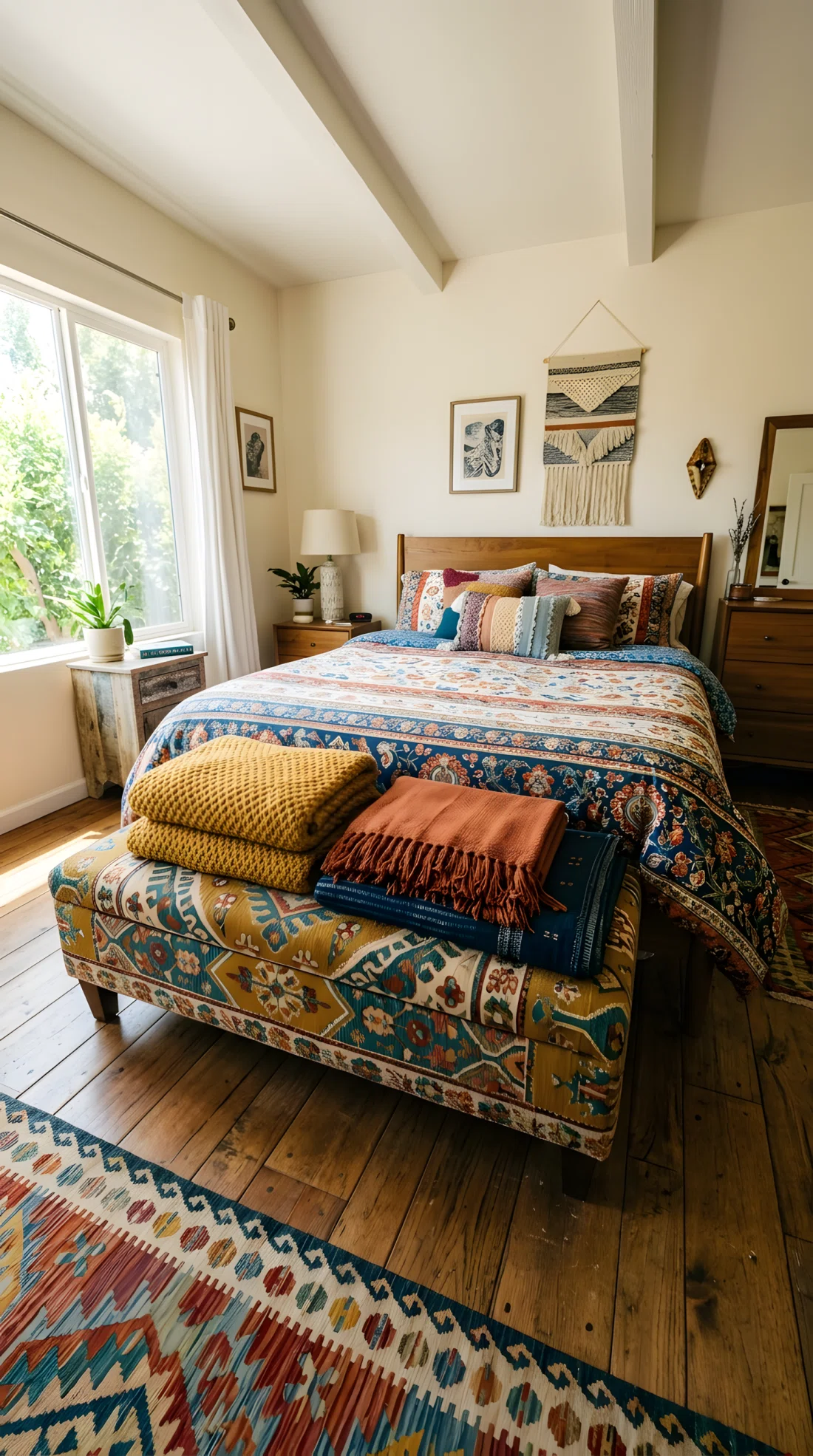 Wide angle photograph of a bedroom with a patterned upholstered bench positioned at the foot of the bed, folded textured blankets stacked on top, bench fabric contrasting with the bedding pattern, vibrant fabric colors, bright natural daylight, dramatic wide room angle showing bench and full bed together, real photographic style, no illustration no 3D render.