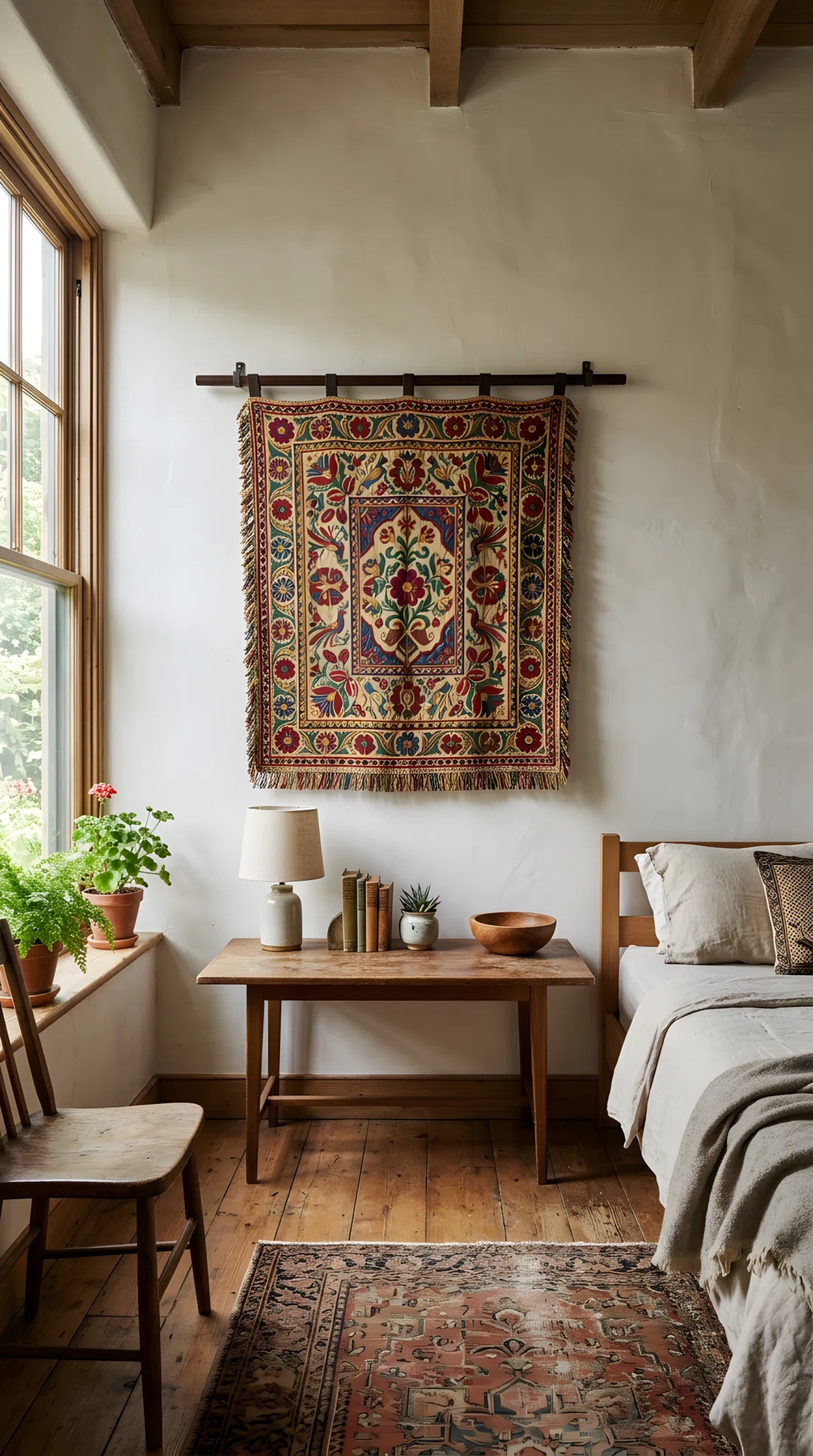Wide angle photograph of a bedroom wall featuring a vintage embroidered textile hung flat using a wood dowel, rich pattern and fringe detail visible, positioned above a simple console table, vibrant textile colors against a plain wall, natural side window light, dramatic wide room angle, real photographic editorial style, no illustration no 3D render.