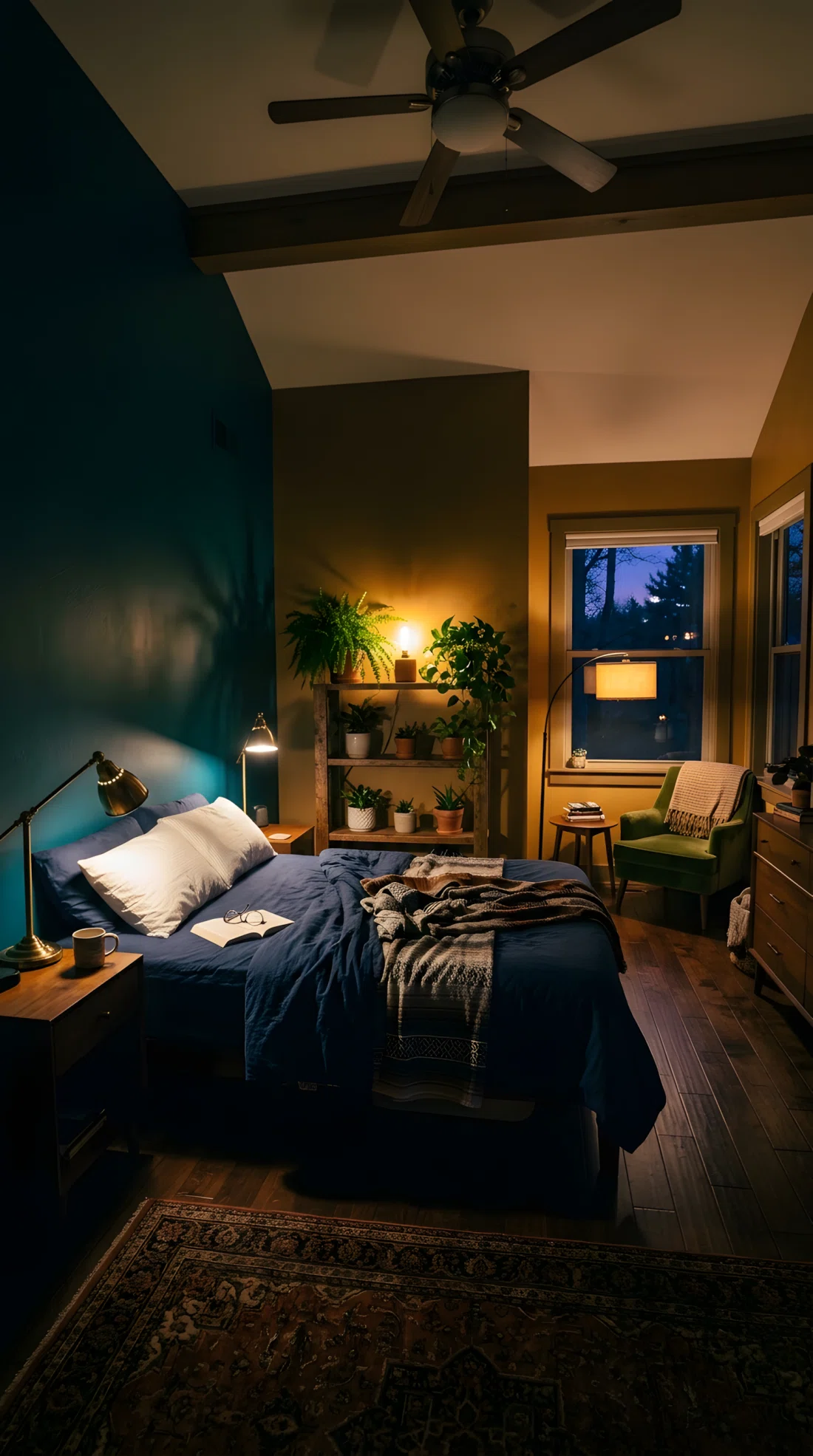 Wide angle photograph of a bedroom at dusk lit by three distinct light sources, a low floor lamp casting warm ambient glow in one corner, a focused task lamp beside the bed illuminating the pillow area, a small accent light glowing behind a shelf of plants, varying light heights creating layered depth across the room, vibrant deep wall colors visible in the glow, dramatic wide room angle, real photographic style, no illustration no 3D render.