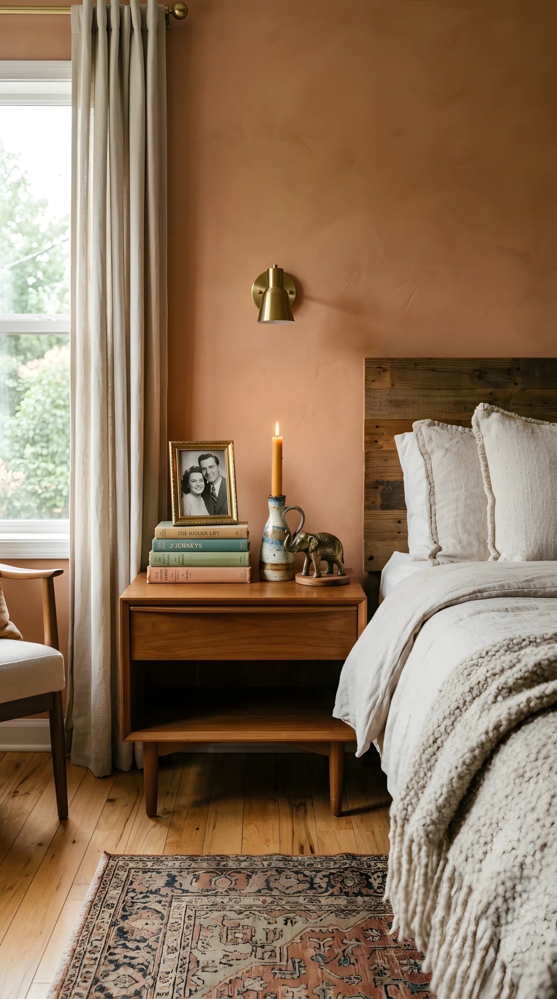 Wide angle photograph of a bedroom nightstand styled with a stacked pile of books, a small framed photo, a textured ceramic candle holder, and one vintage trinket, objects arranged at varying heights, vibrant object colors against a warm wall, soft natural window light, dramatic wide room angle showing nightstand and bed together, real photographic style, no illustration no 3D render.