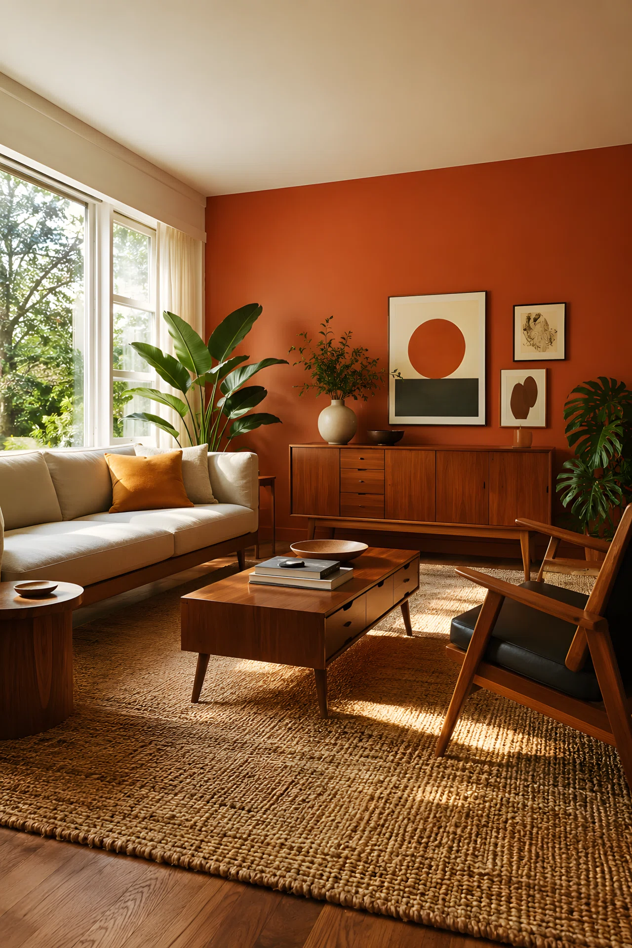 Wide-angle photography of a sunlit mid century modern living room, terracotta accent wall (RGB 204,85,51), walnut wood furniture, jute area rug, low-profile sofa with mustard throw pillow, bright natural window light entering from the left, vibrant warm color grading, dramatic low camera angle showing full room depth, realistic stock-photo style, no illustration, no 3D render.