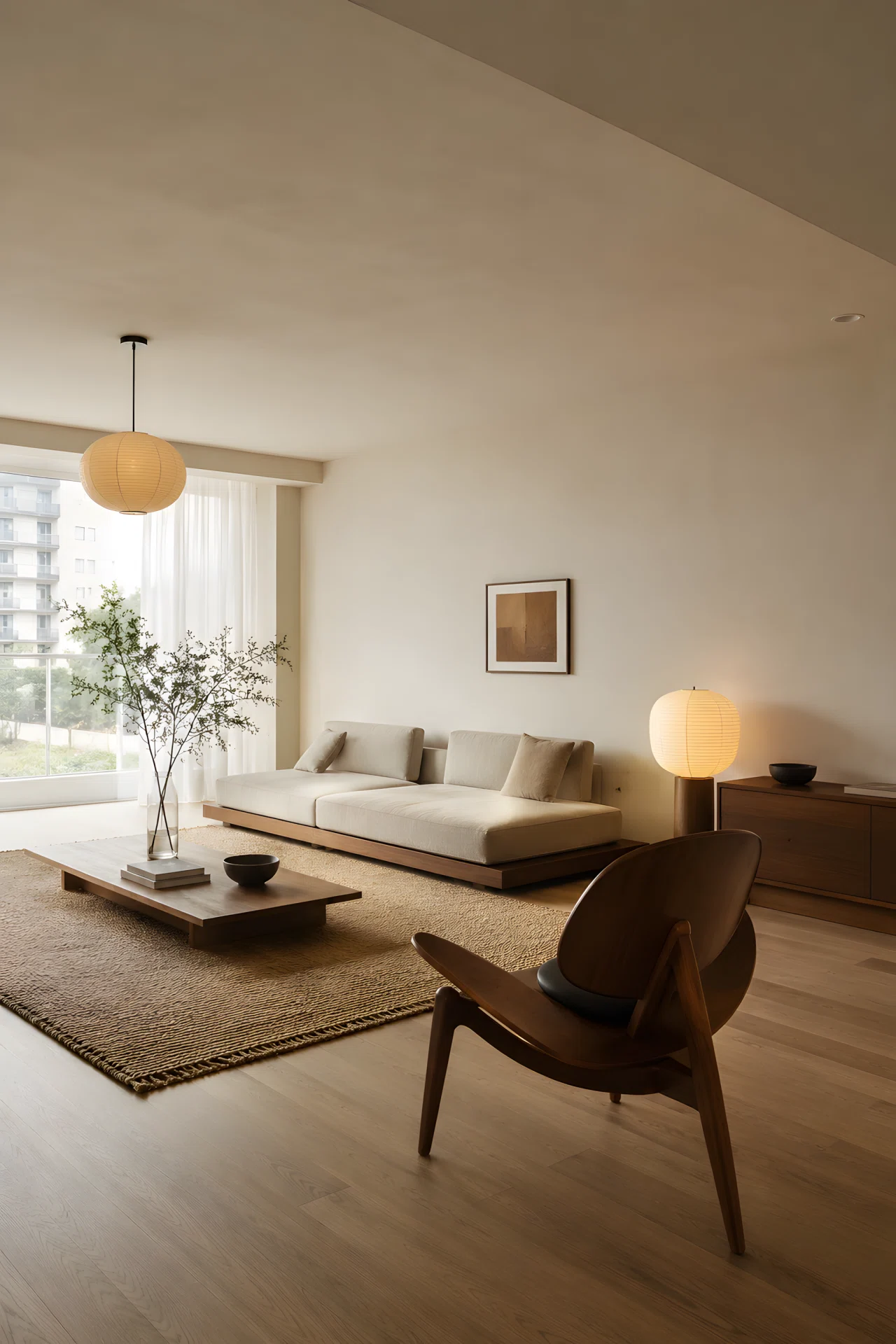 Wide shot of a minimalist mid century modern apartment living room, japandi styling, single curved walnut lounge chair as focal point, low platform sofa, natural linen textures, uncluttered negative space, soft diffused daylight from a large window, vibrant but muted color palette, dramatic wide camera angle capturing the full room, realistic photography, not staged studio look.