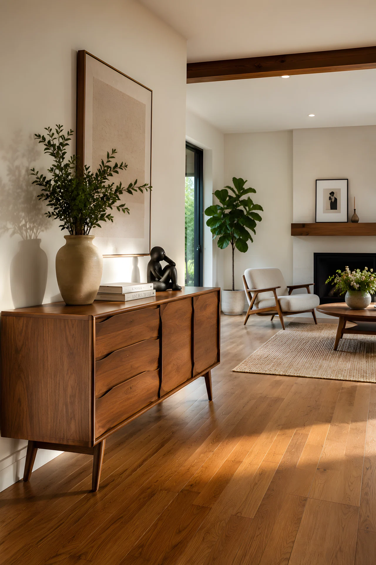Wide-angle interior photo of a mid century modern living room, sculptural walnut credenza with tapered wooden legs as the visual anchor, styled with a ceramic vase, small sculpture, and a stack of books on top, warm wood tones (RGB 122,79,49), natural light streaming across the surface, vibrant realistic color, dramatic side camera angle showing the full living space, stock-photo style.
