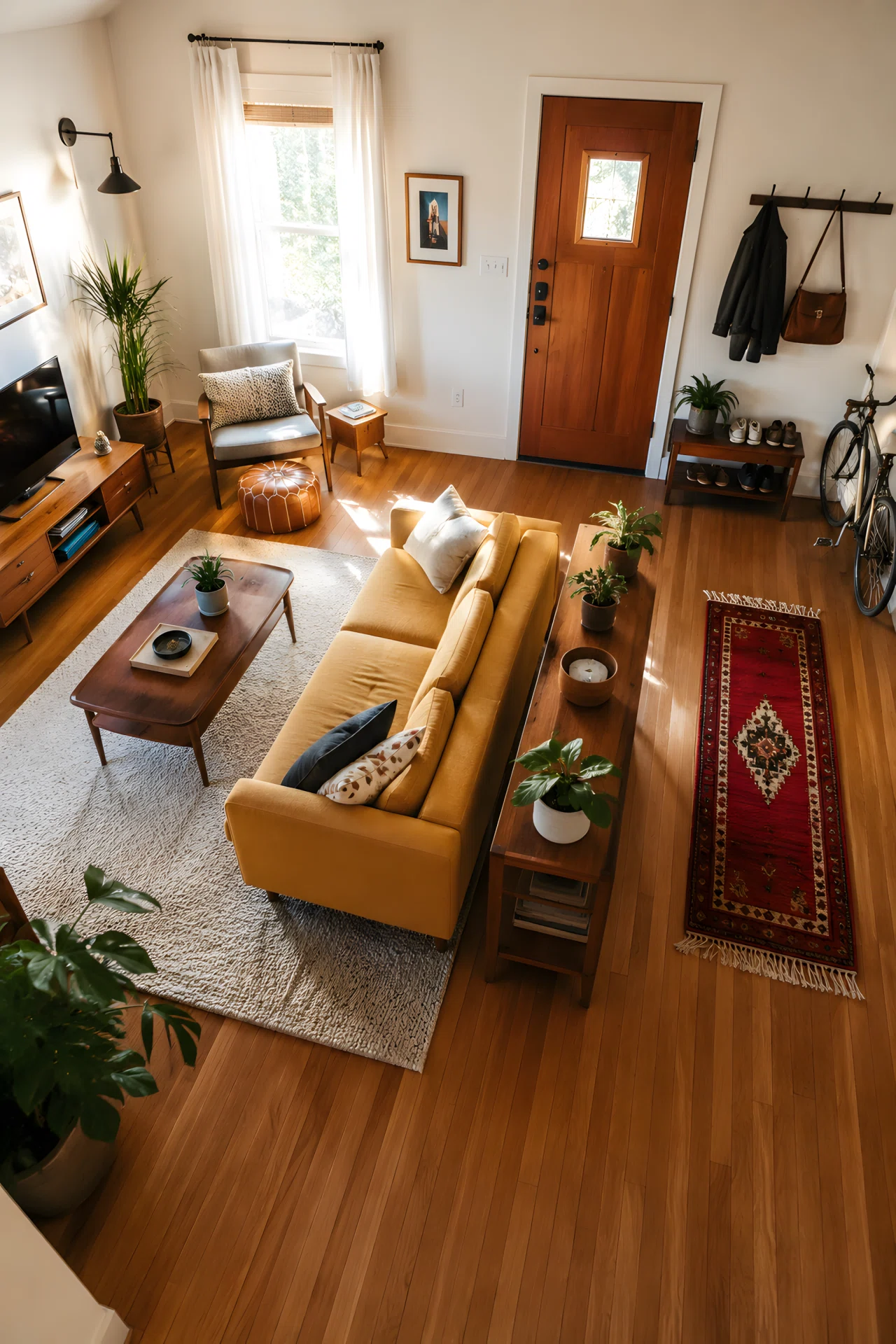 Wide-angle photograph of a small mid century modern living room, low sofa floated slightly away from the wall, slim wooden console table behind it dividing the space, walking path visible around furniture, warm vibrant colors, bright natural light from a window, dramatic elevated wide camera angle showing full room layout, realistic stock photography, no 3D render.