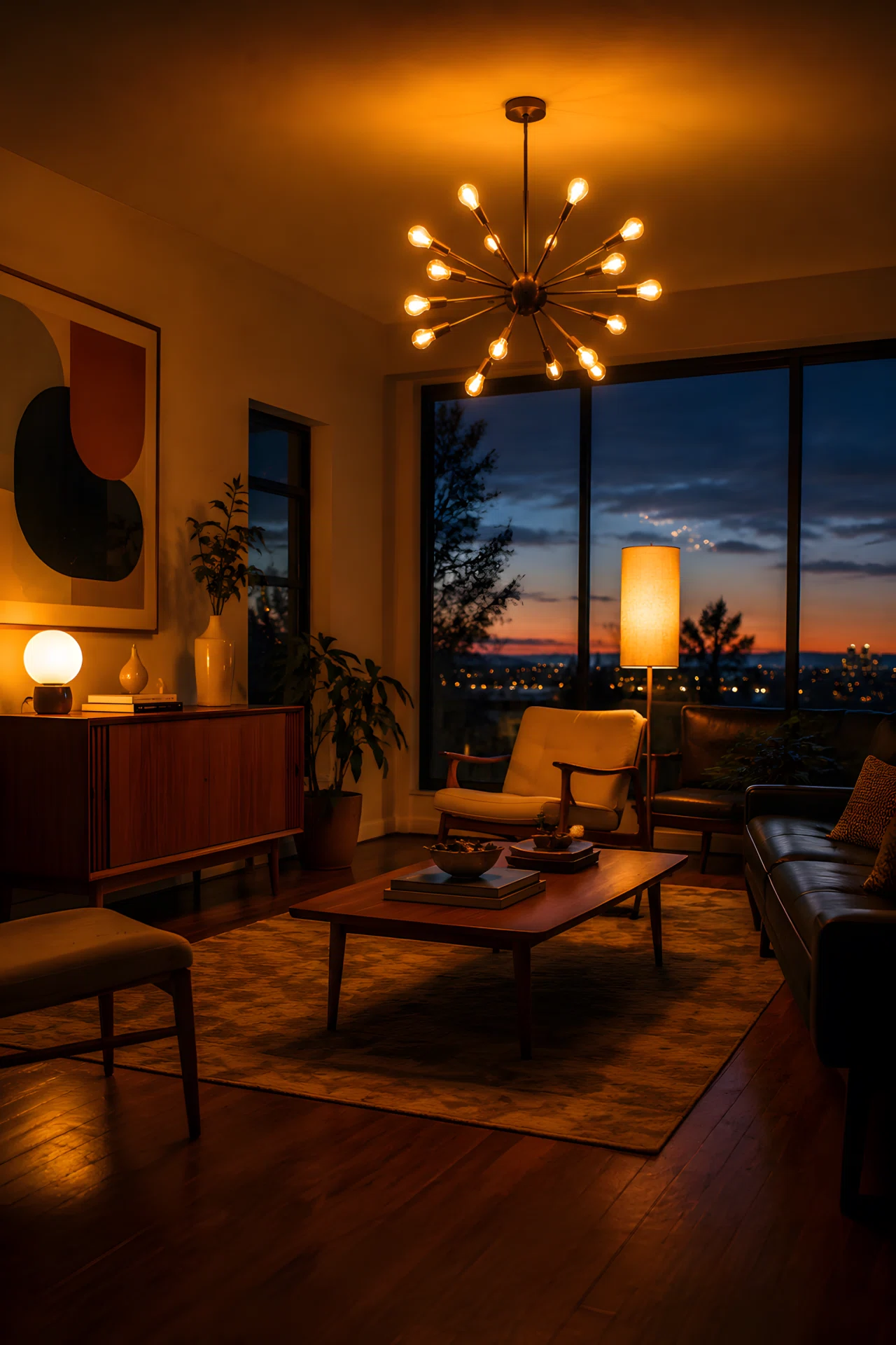 Wide-angle evening photograph of a mid century modern living room at dusk, Sputnik chandelier glowing above the seating area, warm floor lamp beside a lounge chair, small table lamp glowing near a walnut credenza, three distinct pockets of warm light at varying heights, vibrant amber and gold tones, dramatic low wide camera angle capturing depth and light layering, realistic photography, not studio lit.