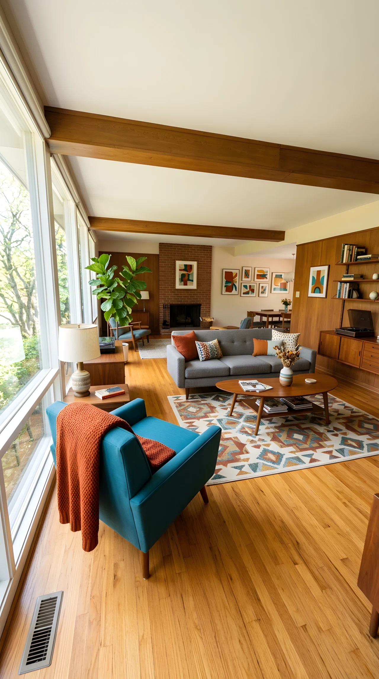 Wide-angle photograph of a mid century modern living room, rust orange throw blanket (RGB 183,65,14) draped over a teal accent chair (RGB 0,105,110), warm wood floors, small repeated color accents on cushions and wall art, vibrant natural daylight from a side window, dramatic wide camera angle showing full room composition, realistic stock-photo style, no illustration.