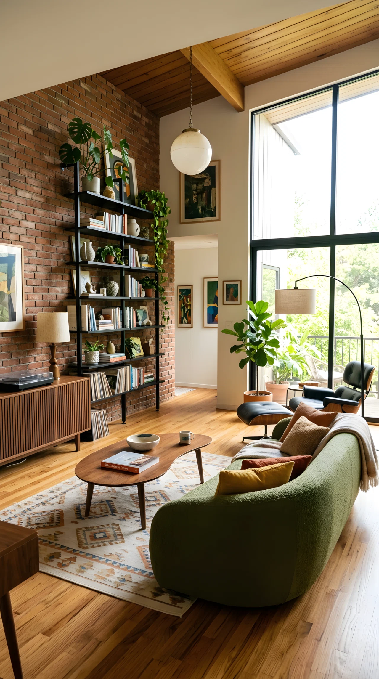 Wide-angle interior photograph of a mid century modern living room, black metal open shelving unit against an exposed brick wall accent, surrounded by warm walnut furniture and curved fabric sofa, vibrant realistic tones, bright natural light entering from a large window, dramatic low wide camera angle capturing the full room, authentic stock photography, no 3D render.