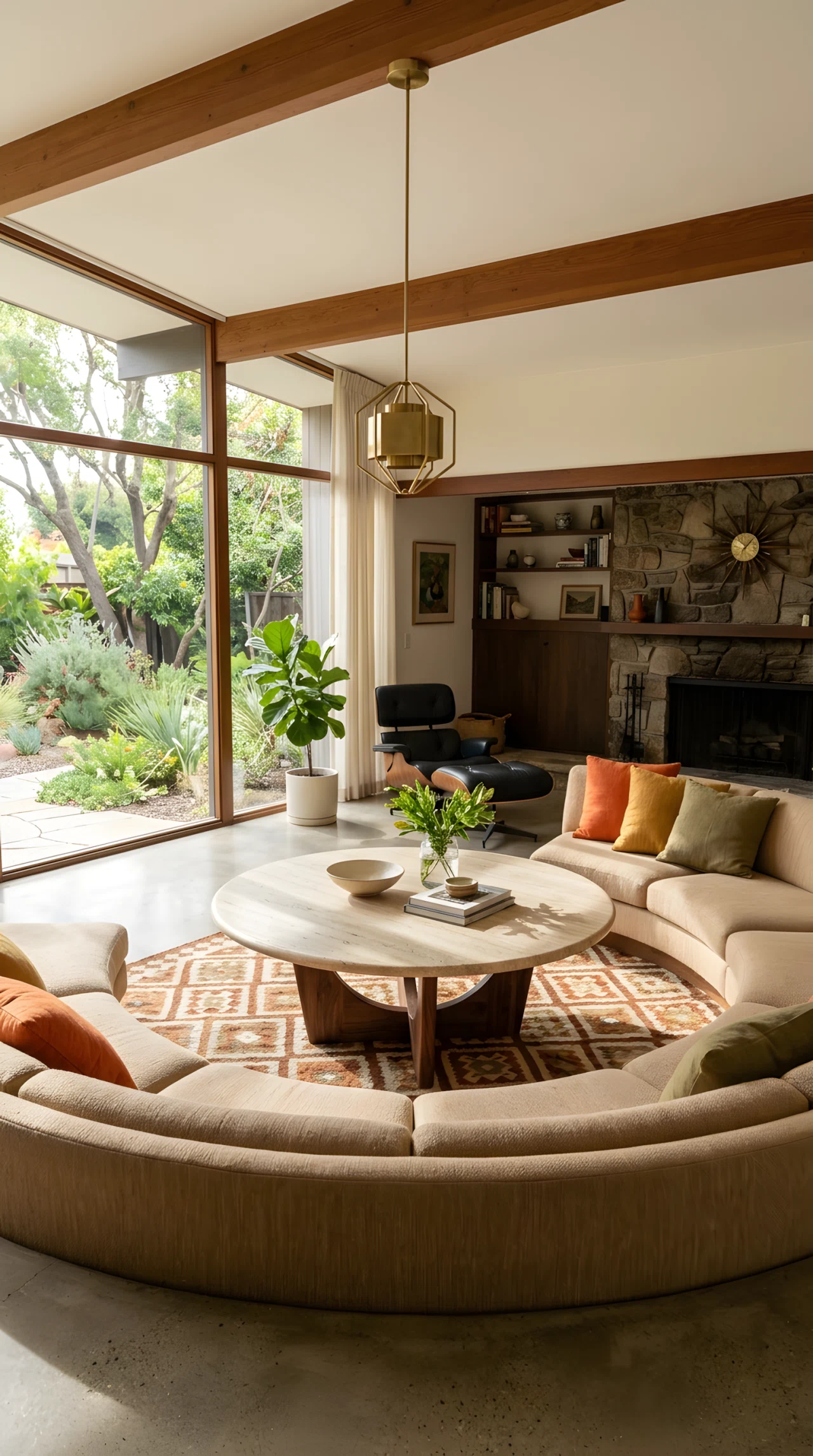 Wide-angle photograph of a mid century modern living room, round travertine-top pedestal coffee table as the central focal point, sculptural wooden pedestal base, low sofa curved around it, warm neutral tones, vibrant natural light casting soft shadows across the table surface, dramatic wide camera angle revealing full seating layout, realistic photography style.