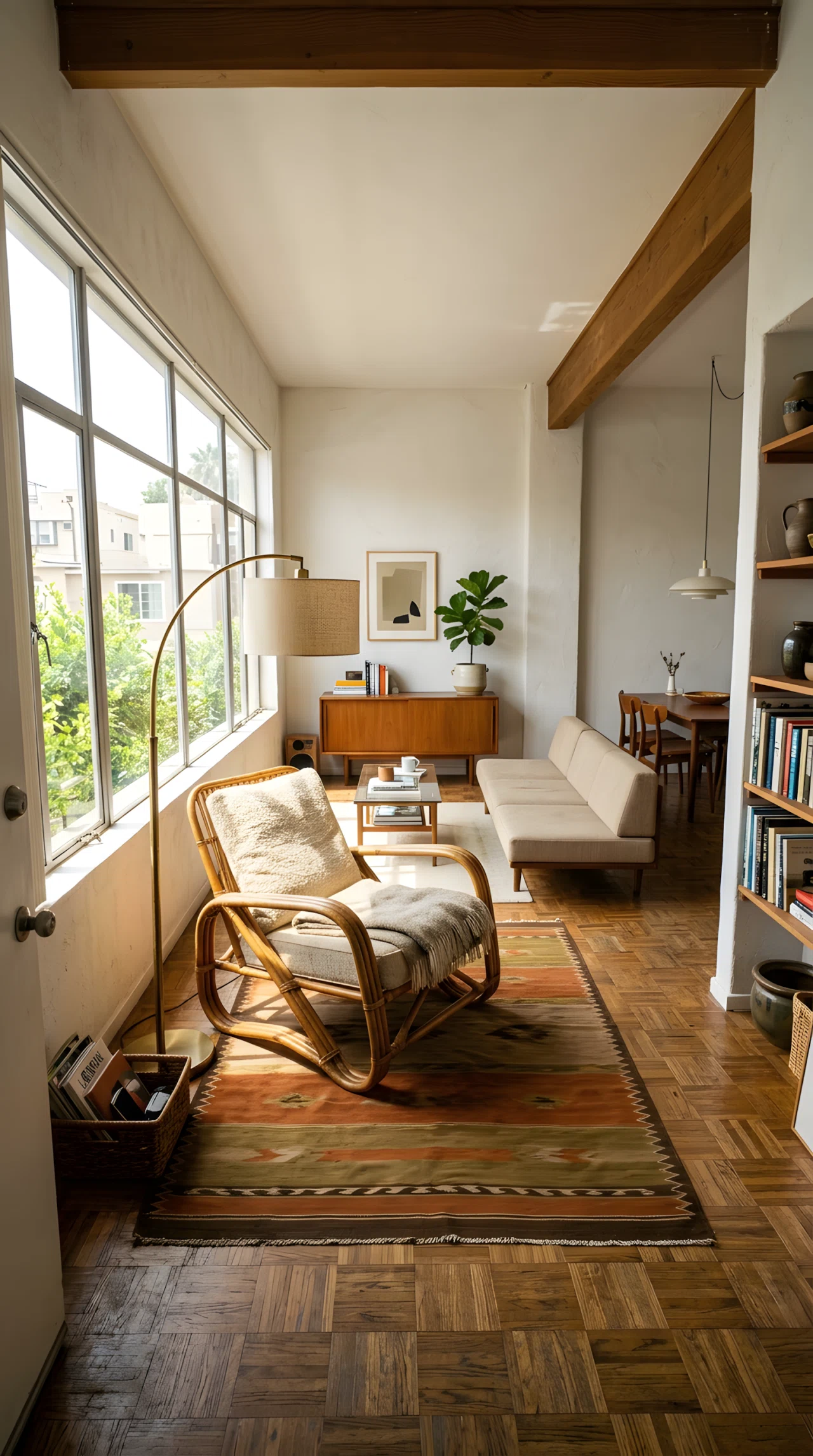 Wide-angle photograph of a mid century modern apartment living room, single vintage rattan lounge chair as the visual anchor next to a brass floor lamp, surrounding furniture minimal and simple, warm earthy color palette, vibrant natural light streaming across the seating area, dramatic wide camera angle capturing full room context, realistic stock-photo style, not staged.