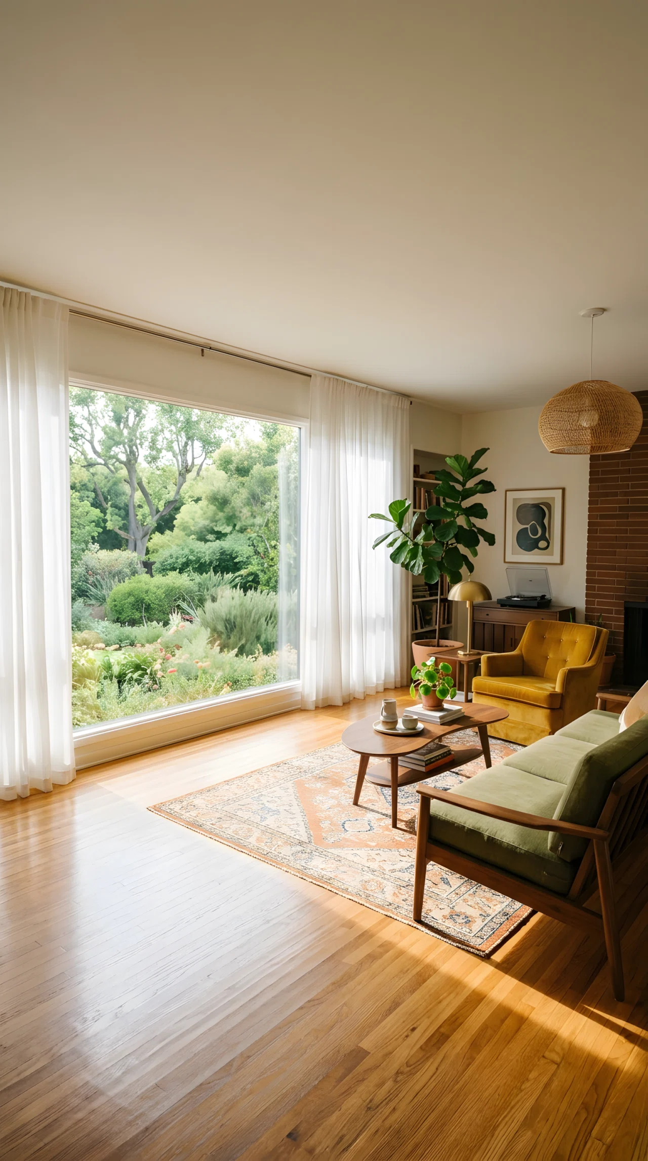 Wide-angle photograph of a mid century modern living room, sheer white linen curtains framing a large unobstructed window, furniture positioned clear of the window line, soft directional daylight sweeping across the floor and furniture, vibrant warm natural color tones, dramatic wide camera angle emphasizing depth of light across the room, realistic photography, no artificial studio lighting.