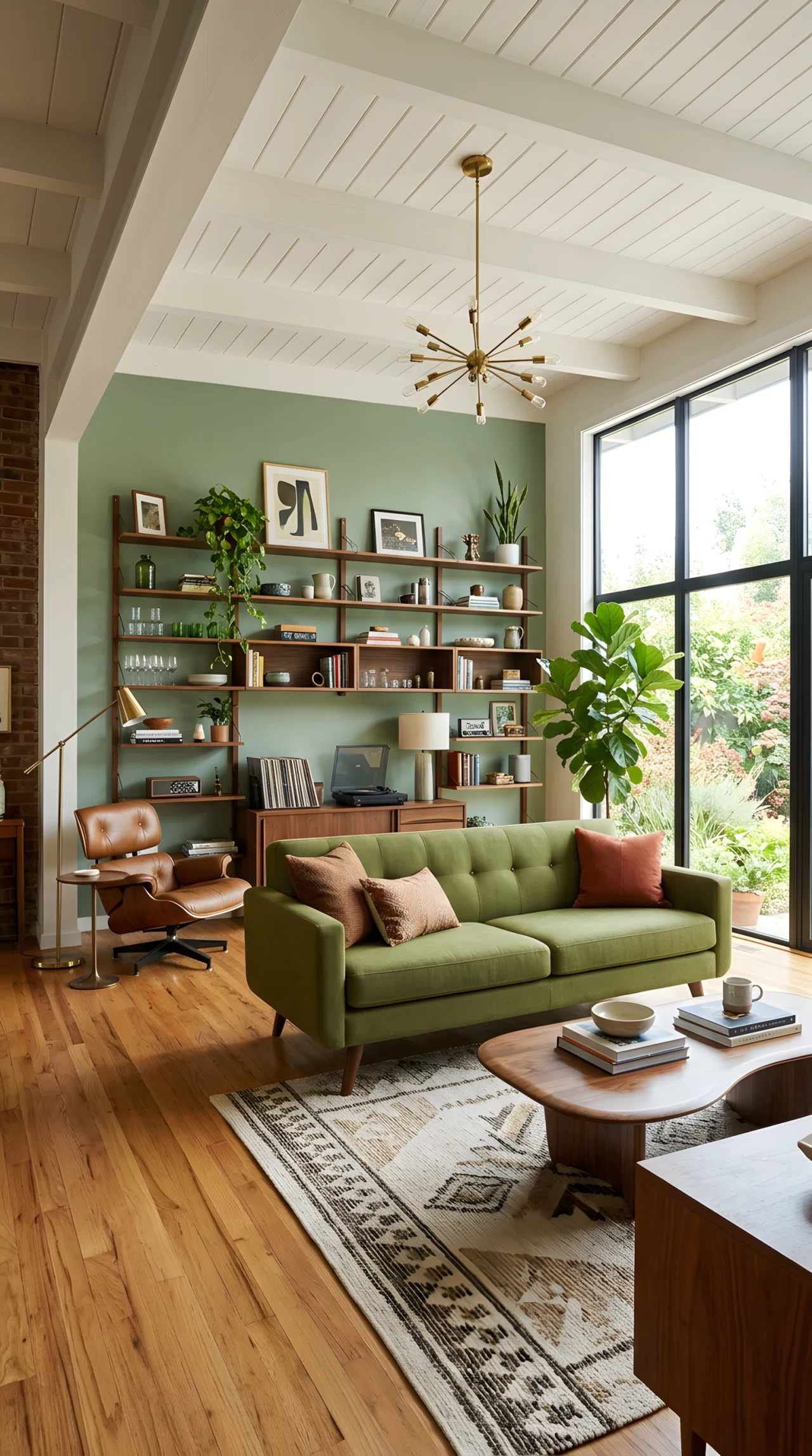 Wide-angle photograph of a mid century modern living room, olive green sofa (RGB 85,107,47) as the centerpiece, sage-painted open shelving in the background, warm walnut furniture accents, vibrant natural daylight from a side window, dramatic wide camera angle capturing full room depth, realistic stock-photo style, no illustration.