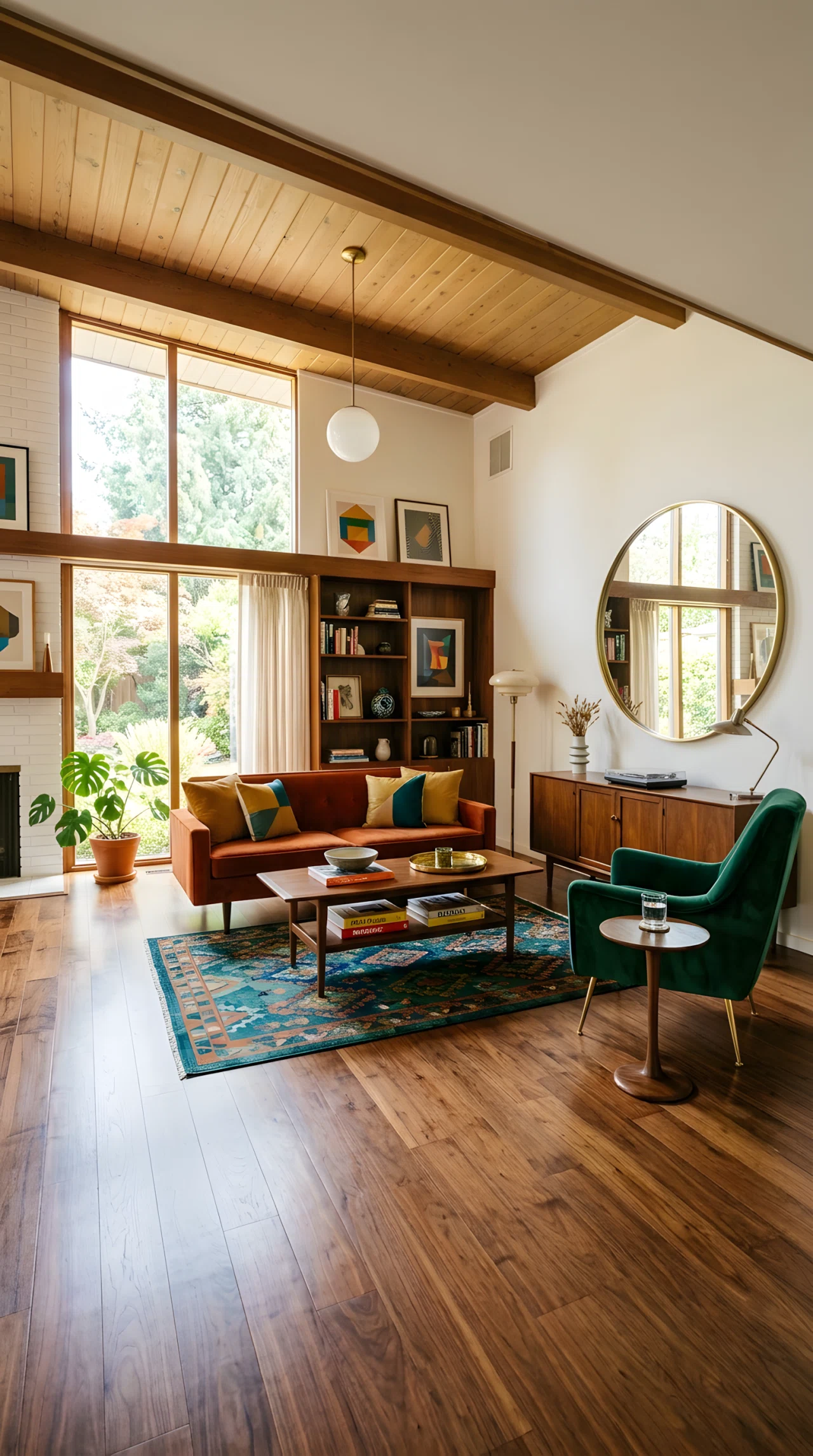 Wide-angle photograph of a mid century modern living room, gilded brass round mirror on the wall, emerald velvet accent chair nearby, warm wood floors, vibrant jewel-tone color palette, bright natural window light reflecting softly off the brass frame, dramatic wide camera angle showing full room composition, realistic photography style.