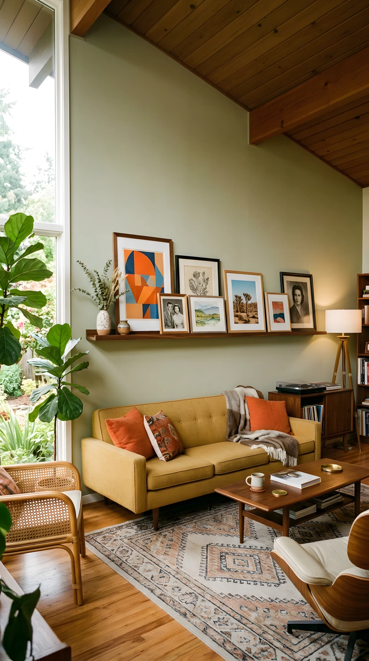 Wide-angle photograph of a mid century modern living room, single long wooden picture ledge mounted at eye level above a low sofa, layered with framed prints, a small ceramic vase, and a vintage photograph, warm vibrant tones, natural daylight casting soft shadows across the ledge, dramatic wide camera angle revealing full wall and seating area, realistic stock photography.