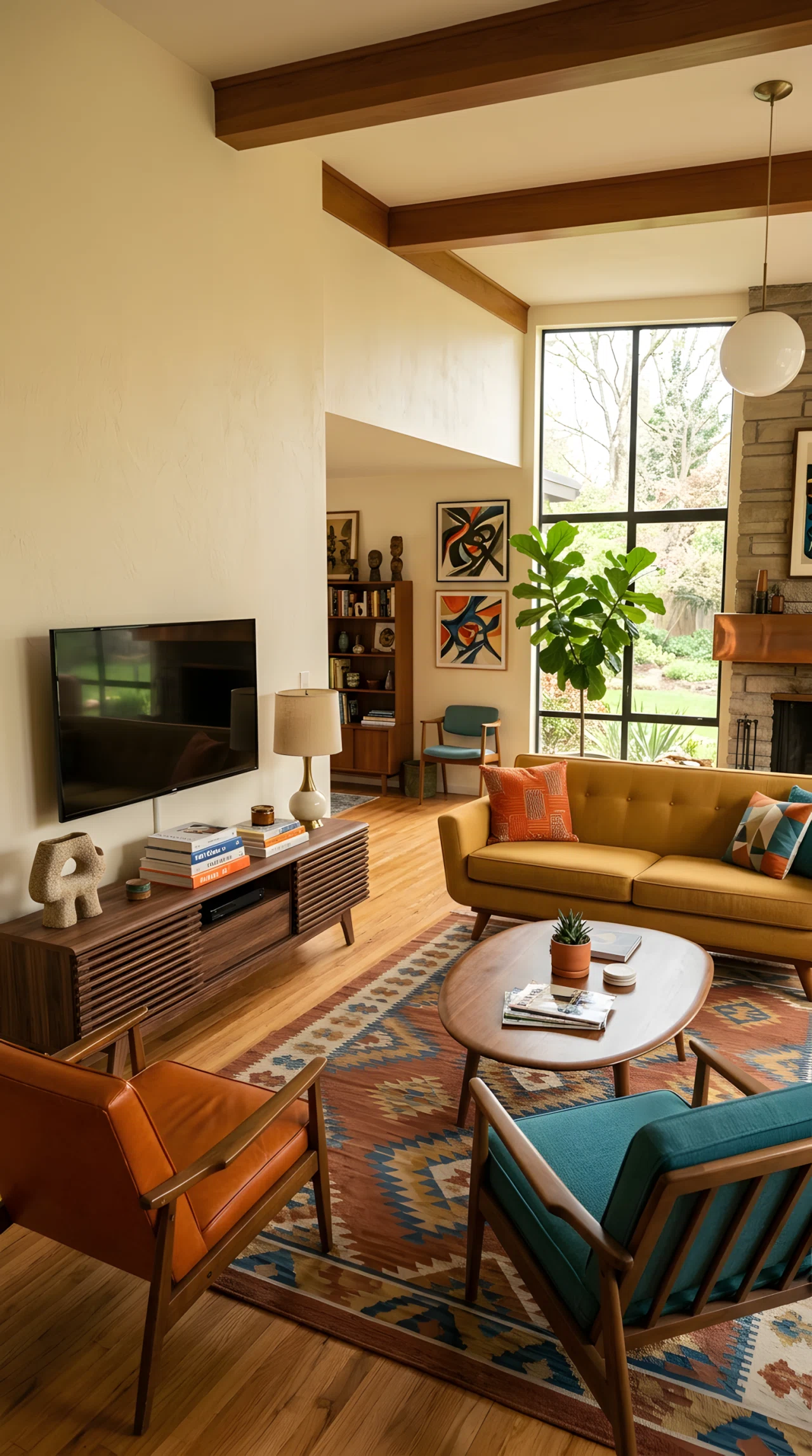 Wide-angle photograph of a mid century modern living room, low slatted walnut media console with a television on one side and styled books, small lamp, and ceramic object on the other, warm vibrant color palette, natural light entering from a nearby window, dramatic wide camera angle capturing the full seating and media area, realistic photography, no 3D render.