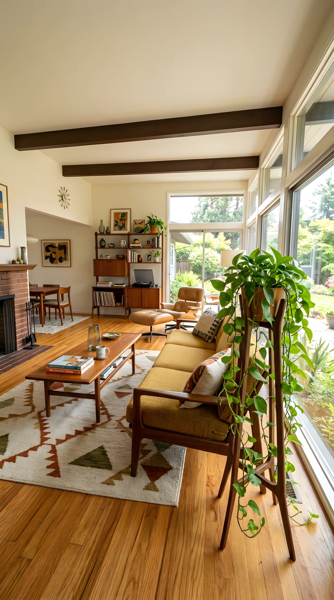 Wide-angle photograph of a mid century modern living room, trailing pothos plant cascading from a tall wooden plant stand beside a low sofa, warm wood tones throughout, vibrant green foliage against neutral walls, bright natural daylight streaming in, dramatic wide camera angle showing full room layout, realistic stock-photo style, no illustration.