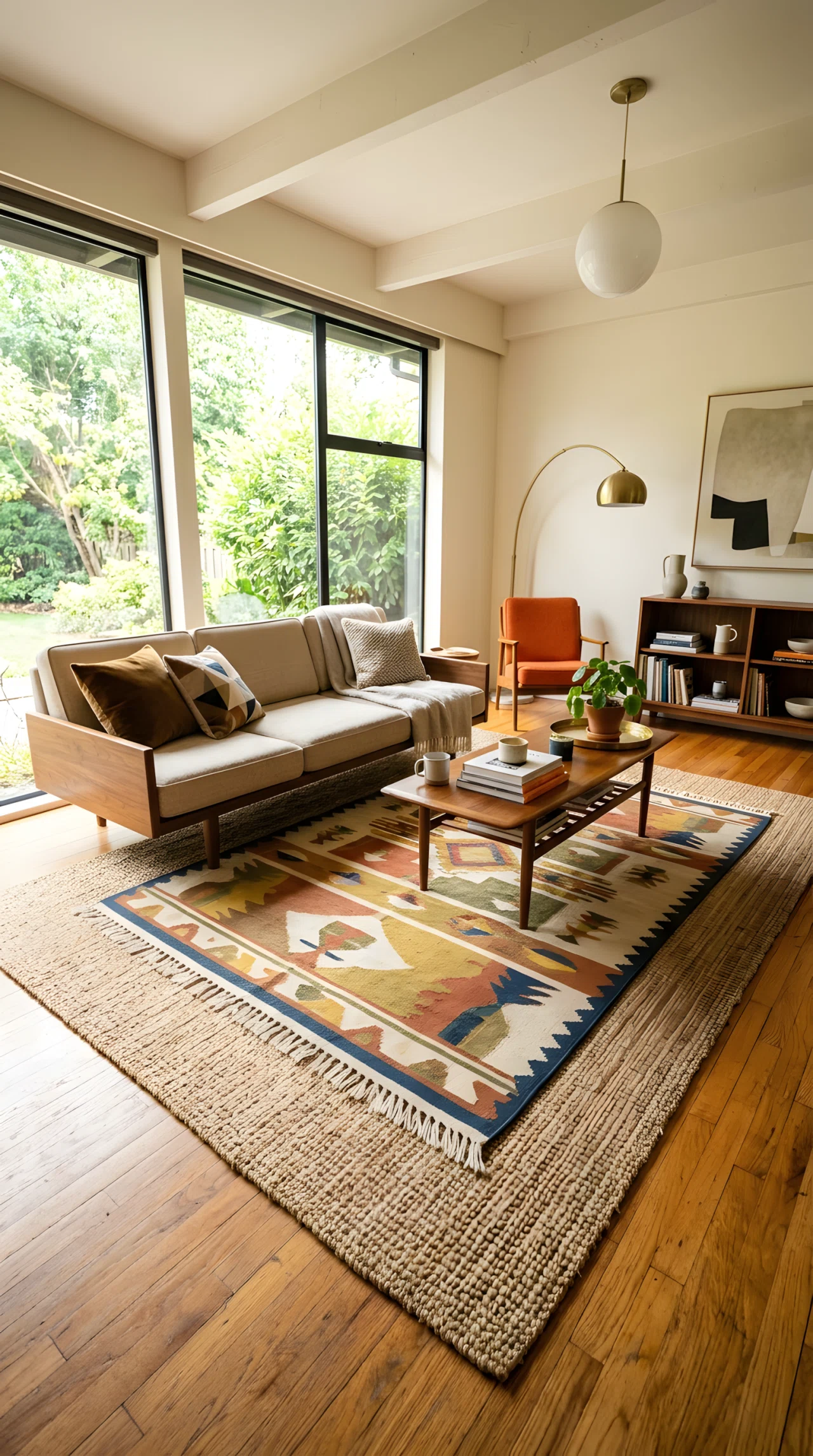 Wide-angle photograph of a mid century modern living room, layered rugs with a jute base rug and a smaller patterned wool rug on top, warm wood floor peeking around the edges, low sofa nearby, vibrant natural tones, bright daylight from a window highlighting the rug textures, dramatic wide camera angle showing full floor composition, realistic stock-photo style.