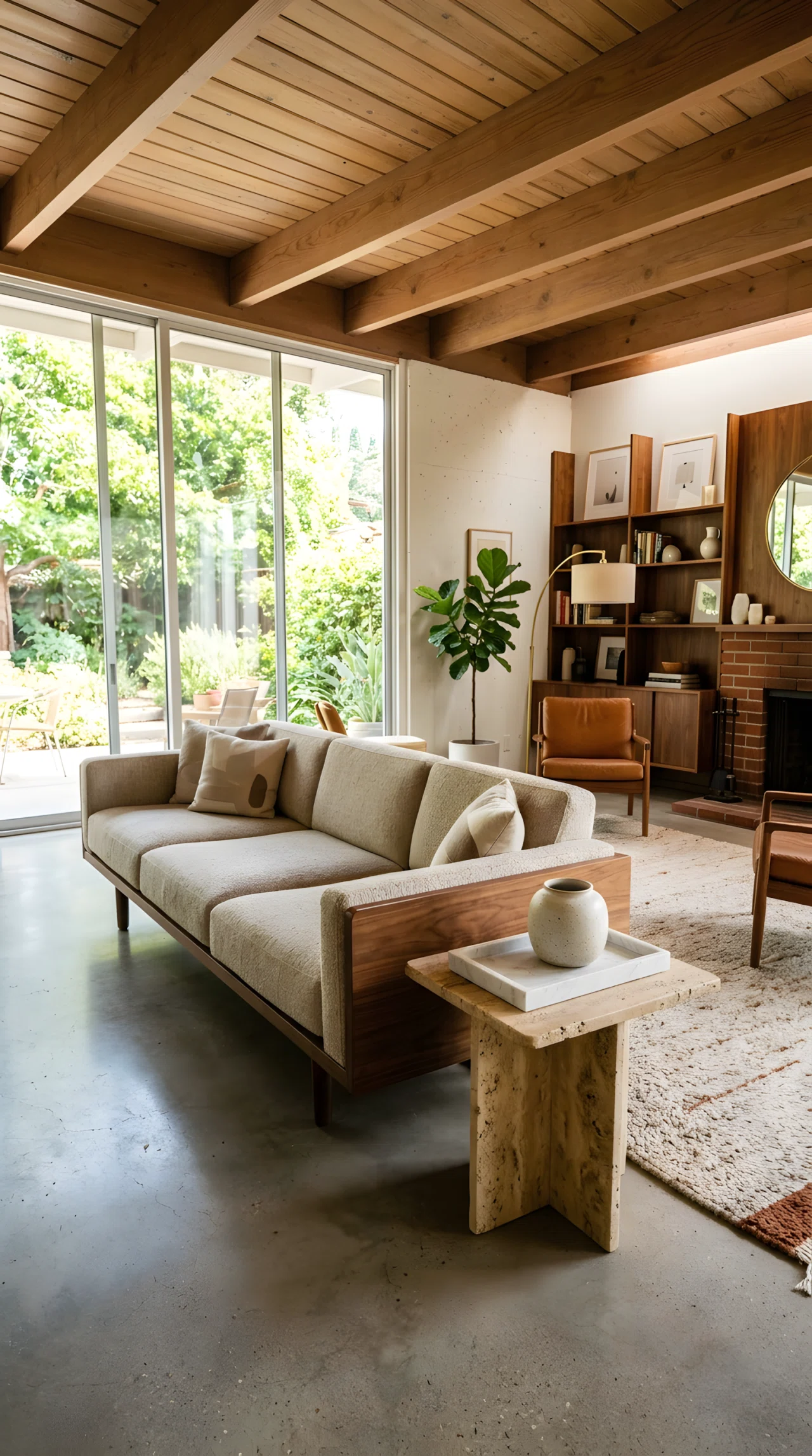 Wide-angle photograph of a mid century modern living room, small travertine side table beside a low walnut sofa, marble tray with a single ceramic object on top, warm neutral tones with cool stone contrast, vibrant natural daylight streaming across the surfaces, dramatic wide camera angle capturing full room depth, realistic photography style, no 3D render.