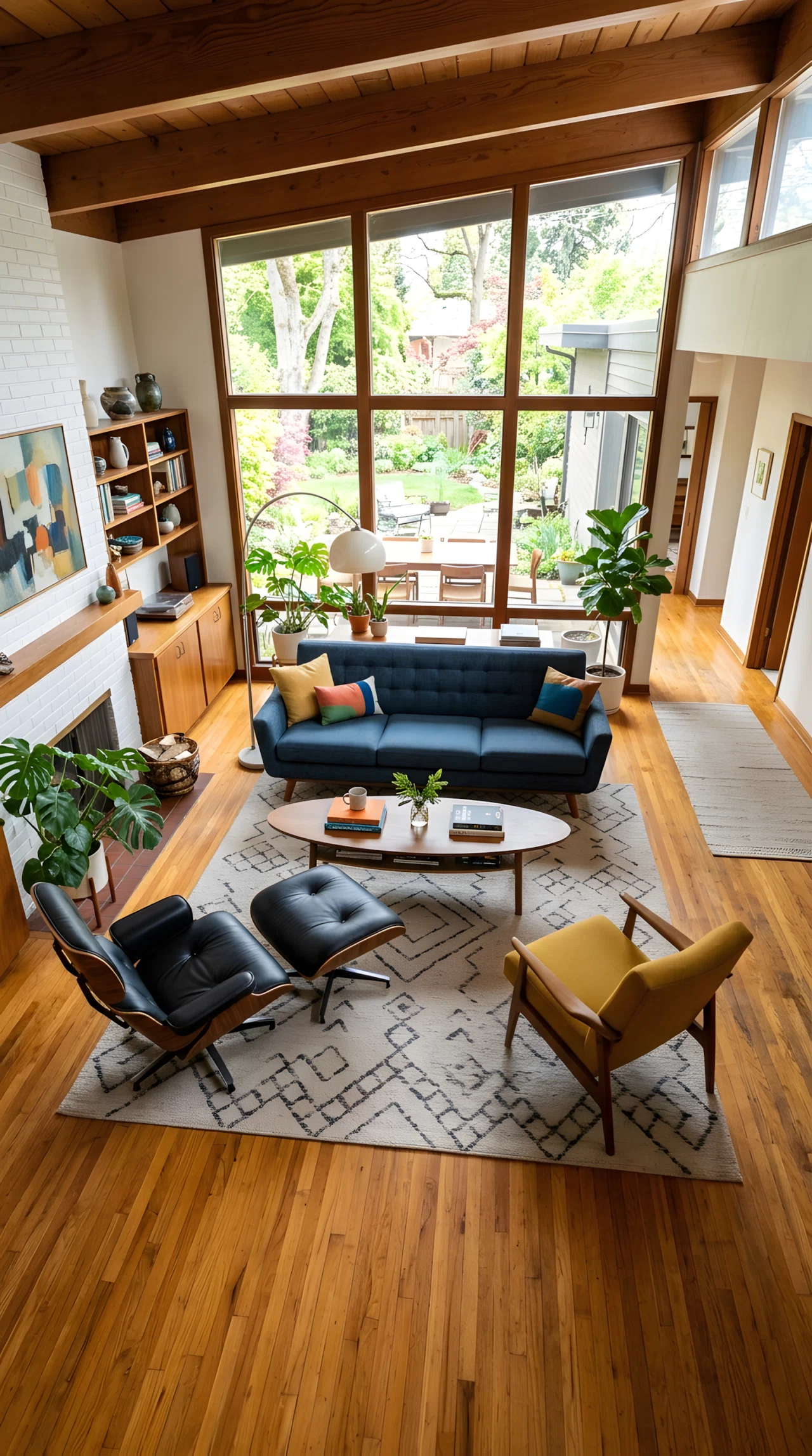 Wide-angle photograph of a mid century modern living room, sofa and two angled accent chairs arranged in a conversational cluster around a low coffee table, warm wood tones, vibrant natural light from a large window, dramatic elevated wide camera angle showing the full seating arrangement and open walkways, realistic stock photography, no studio staging.