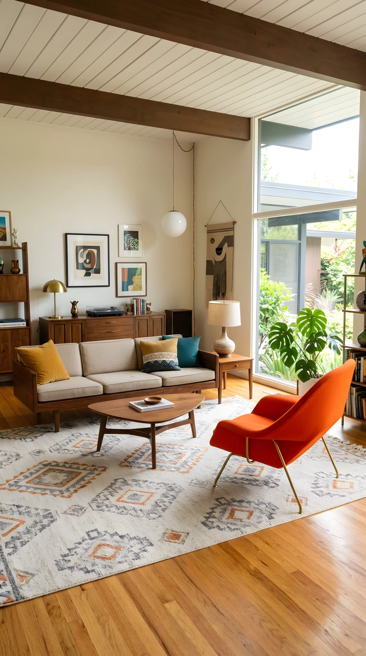 Wide-angle photograph of a mid century modern living room, bright orange sculptural lounge chair (RGB 214,101,38) as a bold accent against warm neutral walnut furniture, vibrant saturated color contrast, bright natural daylight from a side window, dramatic wide camera angle showing full room balance, realistic stock-photo style, no illustration.