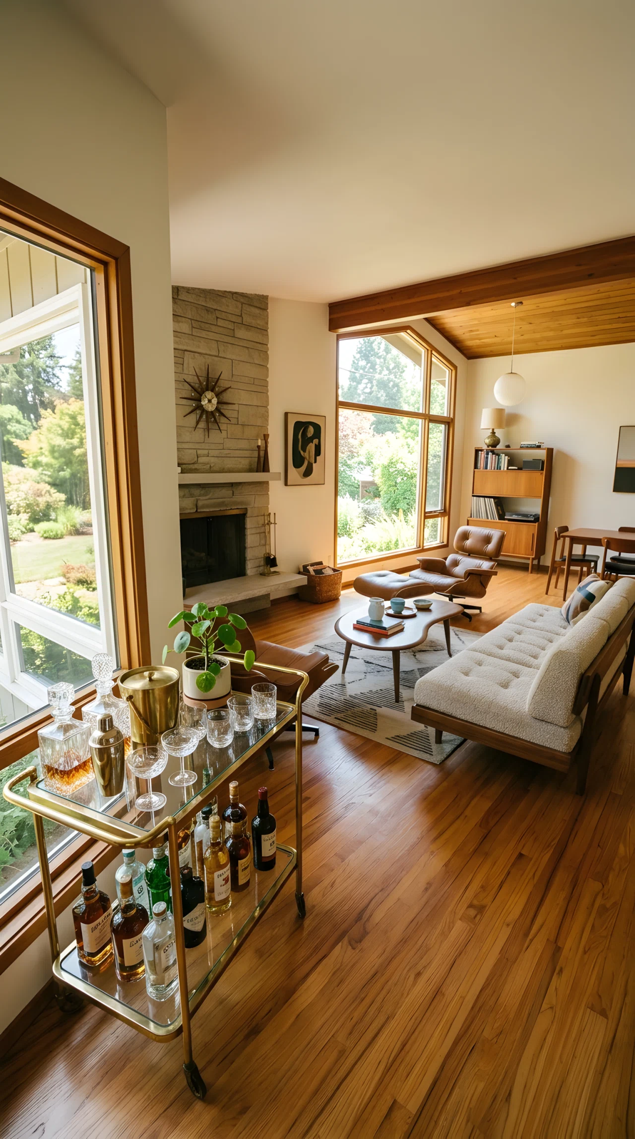 Wide-angle photograph of a mid century modern living room, brass and glass vintage bar cart styled with glassware and a small plant in the corner, warm wood tones throughout, vibrant natural daylight reflecting off the brass frame, dramatic wide camera angle capturing full room context, realistic stock photography, no 3D render.