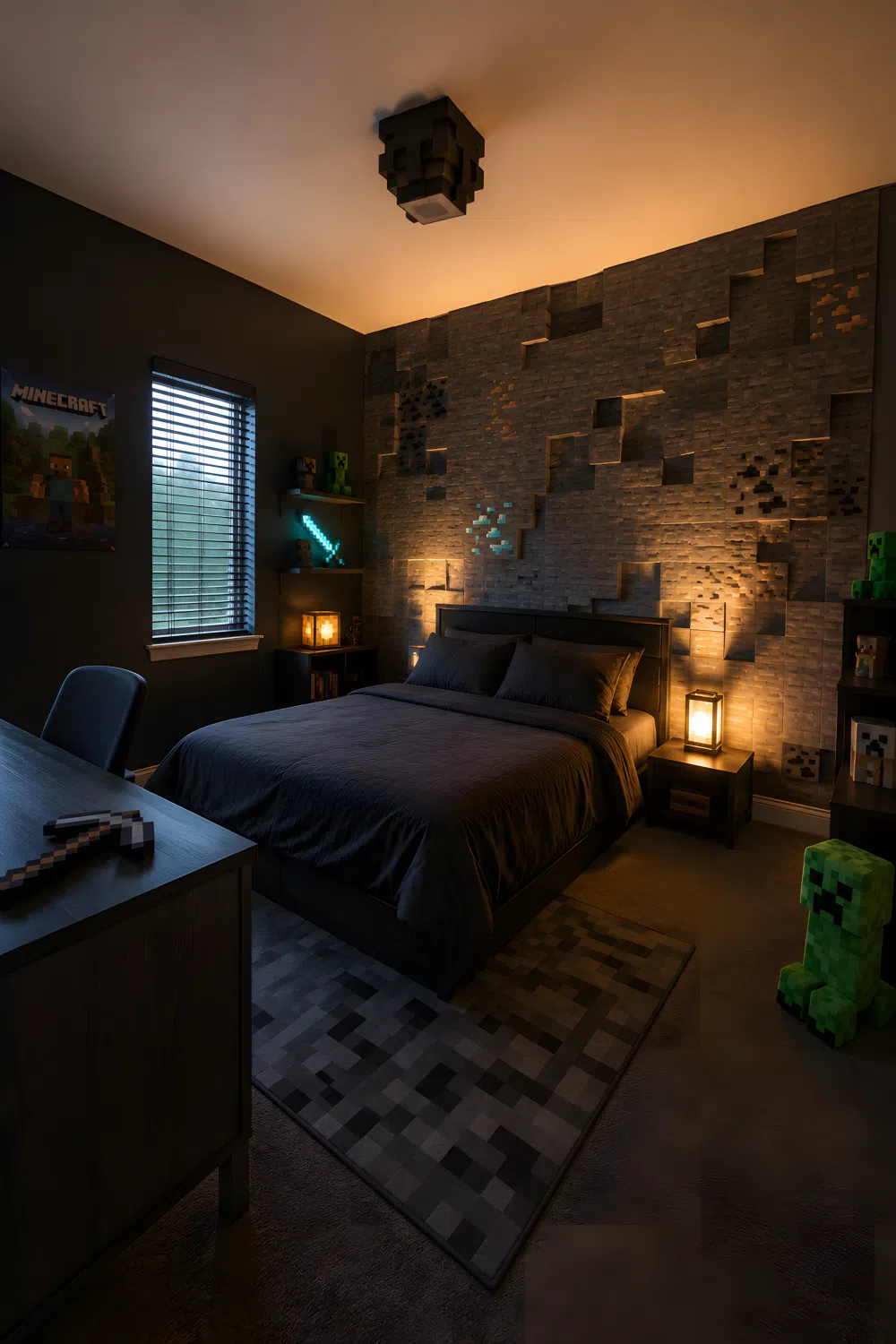 A wide-angle real-life photo of a Minecraft-inspired cozy bedroom with dark charcoal gray walls and a stone-textured accent wall behind the bed styled in a Minecraft blocky voxel-inspired pattern, single warm-toned lamp positioned low beside the headboard casting soft directional light upward across the stone wall, dark neatly made bedding, a small shelf with mining-inspired decor pieces, wide room shot showing full bedroom layout, photographic style, dramatic camera angle, clean and organized space.