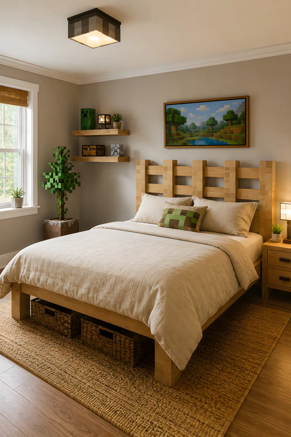 A wide-angle real-life photo of a bedroom bed with a handmade wooden headboard cut into a Minecraft fence-pattern using blocky voxel-inspired angular segments, light oak wood tone, neatly made neutral beige bedding, two woven storage baskets tucked beneath the bed frame, bright natural light from a nearby window, full room visible, photographic stock photo style, vibrant warm colors, clean and organized space.