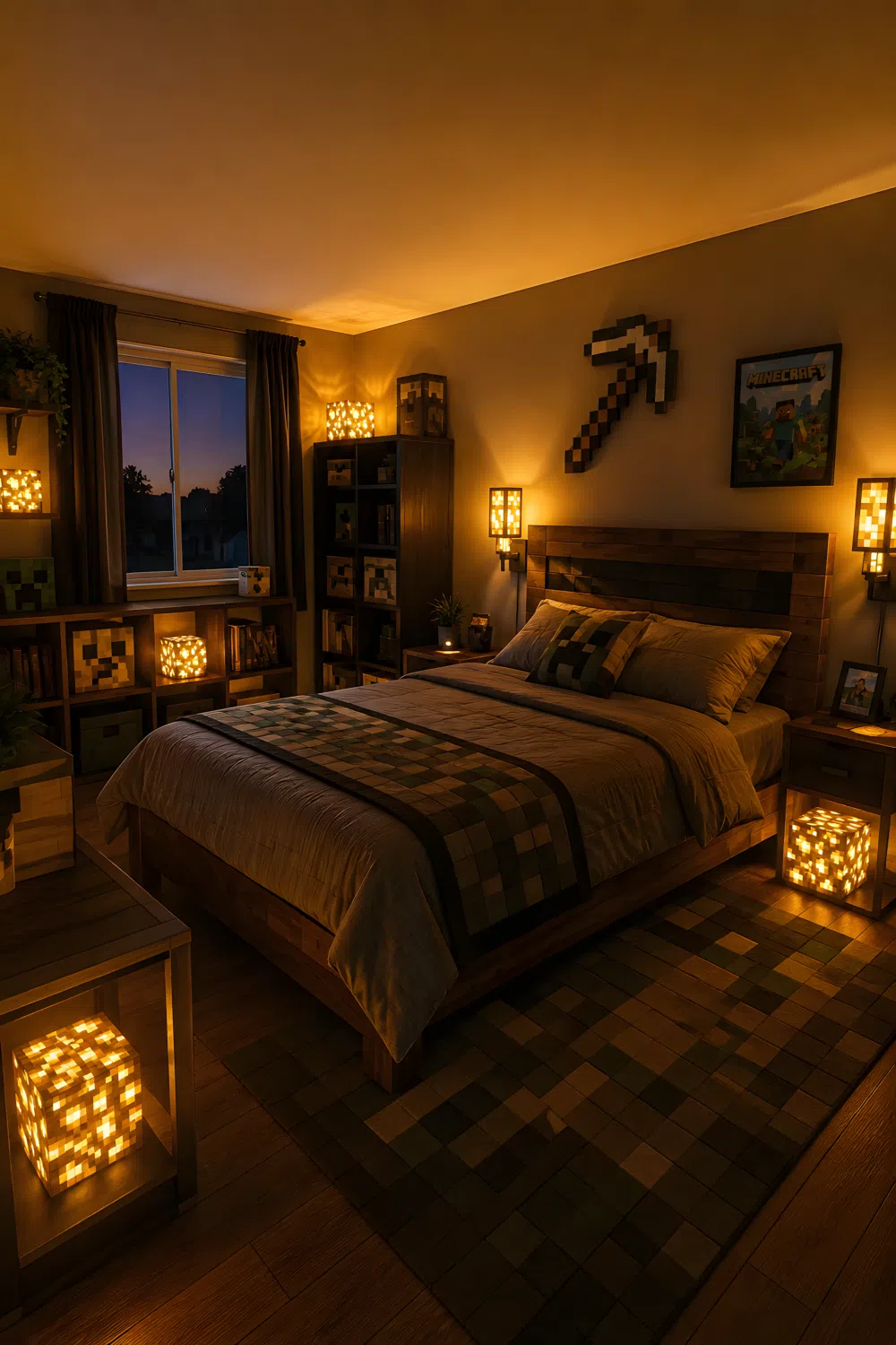 A wide-angle real-life photo of a Minecraft-themed bedroom at dusk with small lanterns styled after Minecraft glowstone blocks in a blocky voxel-inspired shape, placed low near the floor and along a shelf edge casting light sideways, additional wall sconces mounted at headboard height creating layered golden glow, neatly made bed, organized shelving, warm ambient lighting emphasizing lantern placement and direction, photographic style, vibrant golden tones, full room wide shot.