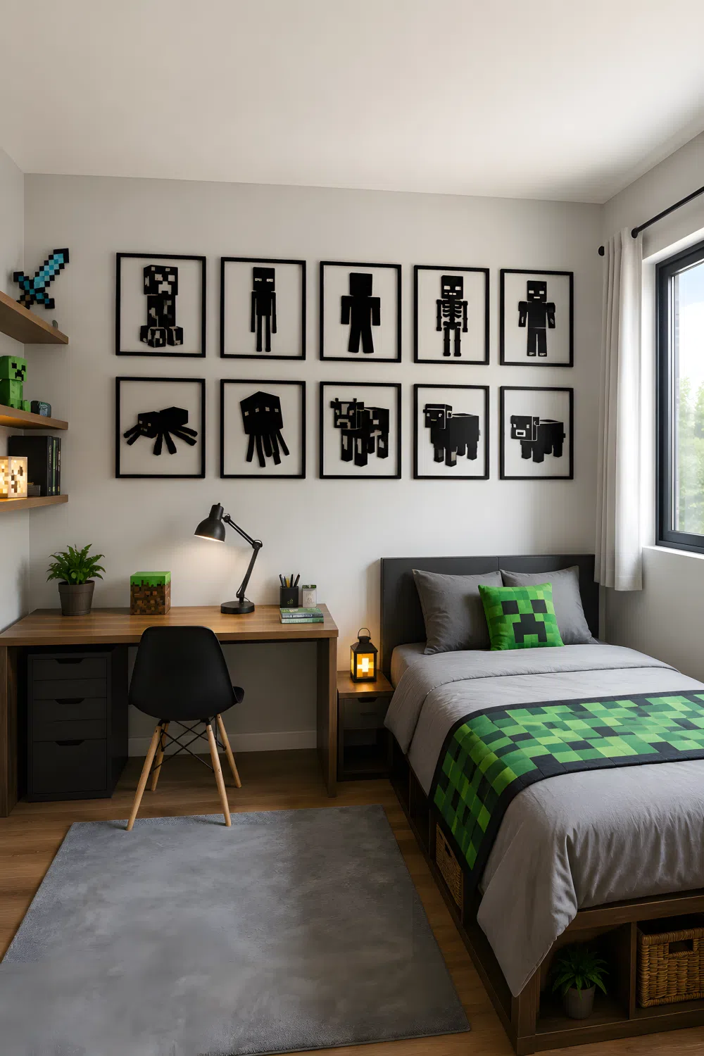 A wide-angle real-life photo of a bedroom wall featuring a neat grid of black silhouette frames depicting simple Minecraft mob shapes rendered in a blocky voxel-inspired outline style, mounted above a desk, white or light wall background, bright natural light from a window, neatly made bed visible in the same shot, clean organized room, photographic stock style, wide camera angle showing full room.