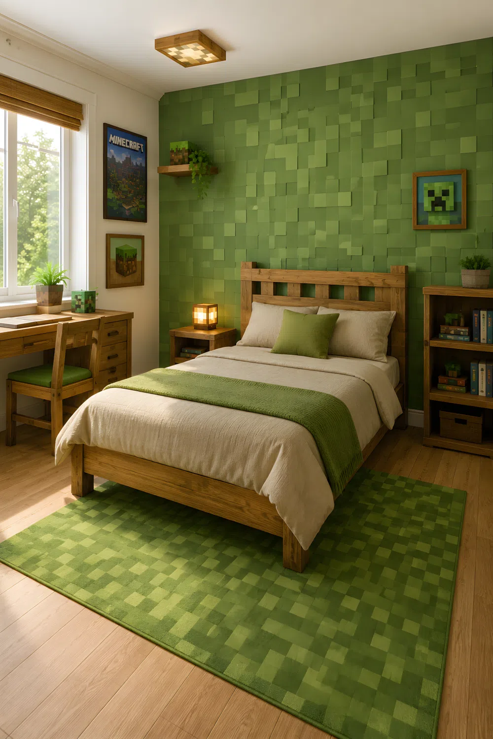 A wide-angle real-life photo of a bedroom with one wall painted soft moss green (RGB 107,142,95) resembling a Minecraft grass block texture in a blocky voxel-inspired pattern, warm oak wood furniture, a brighter grass-green throw pillow (RGB 126,166,86) and matching area rug, bright natural light from a window, neatly made bed, clean and organized space, photographic stock photo style, vibrant colors, full room wide shot.
