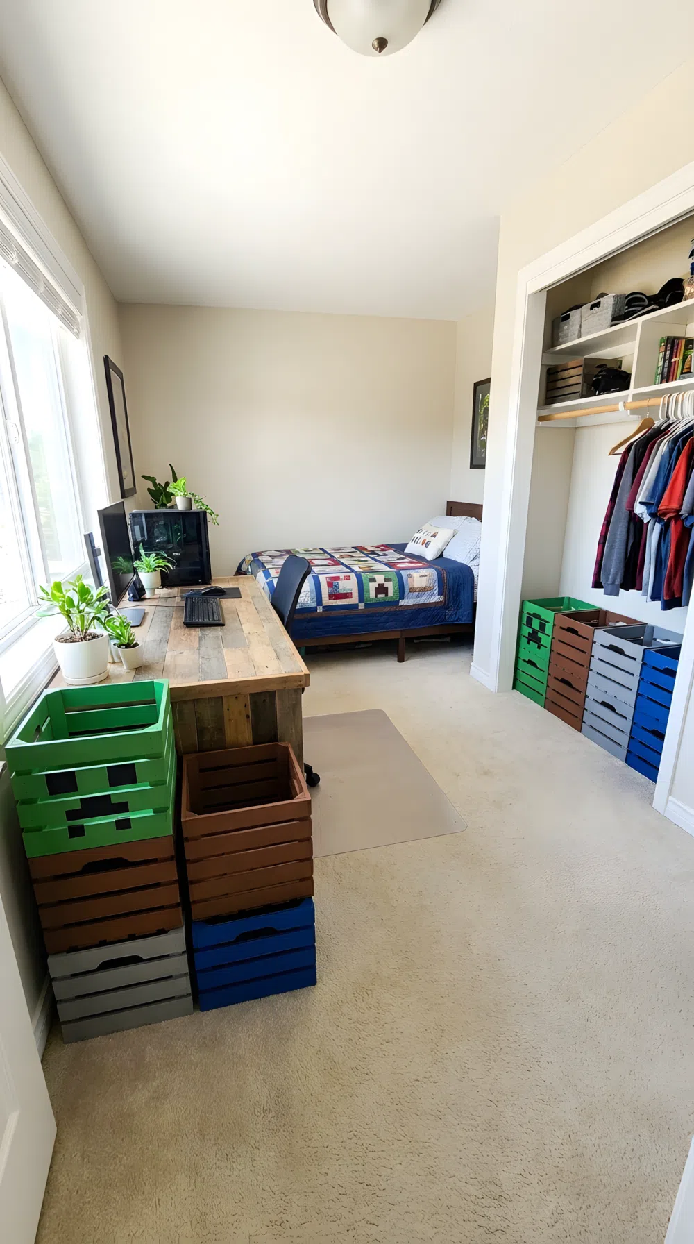A wide-angle real-life photo of a bedroom with square thrifted storage bins painted in solid Minecraft blocky voxel-inspired block colors, stacked beside a wooden desk and lined along a closet floor, neatly made bed in the background, bright natural light from a window, clean and organized space, photographic stock photo style, vibrant colors, full room wide shot.