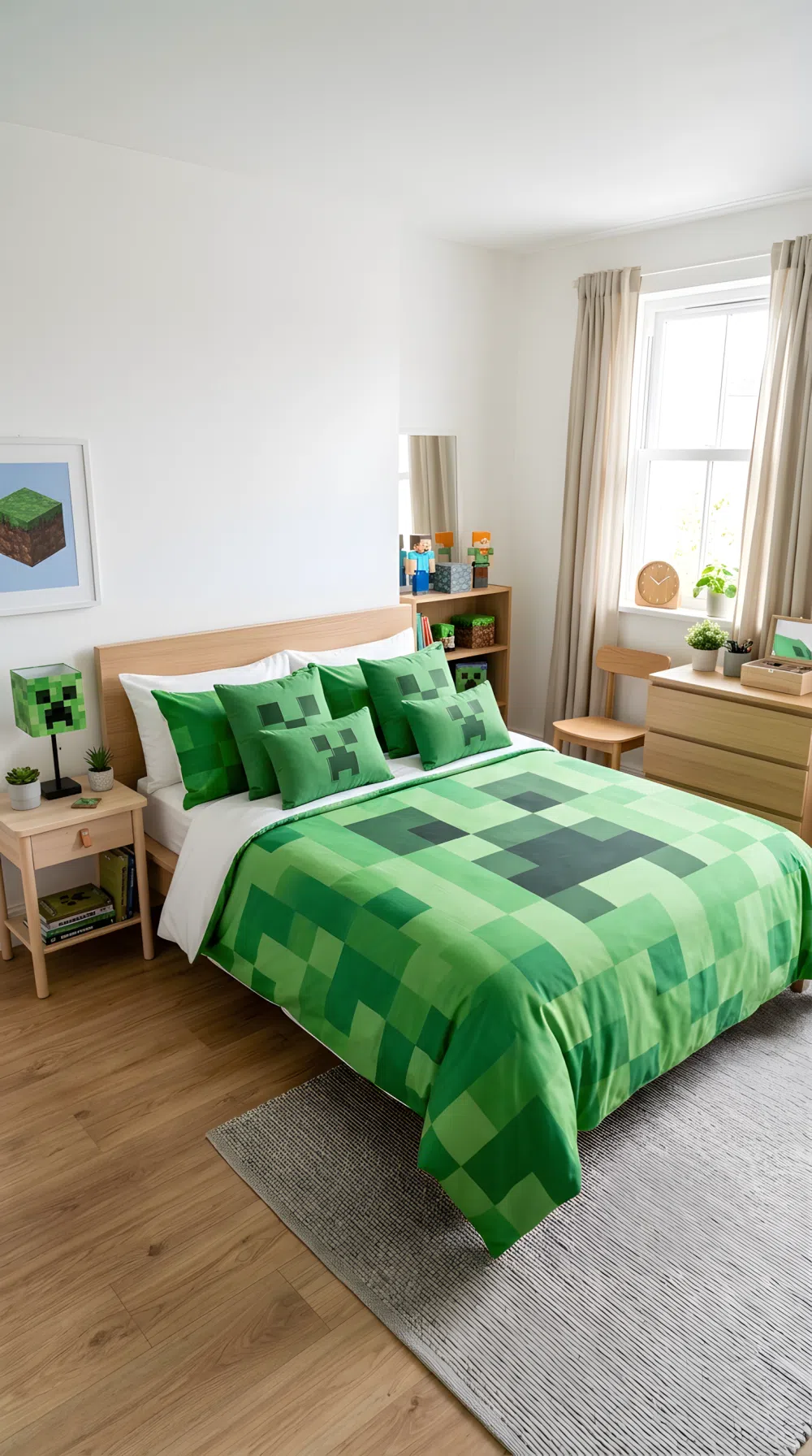 A wide-angle real-life photo of a bedroom bed dressed in a neatly made creeper print duvet cover with solid green throw pillows in Minecraft blocky voxel-inspired pixel pattern, white walls, plain light curtains, light wood furniture, bright natural light from a window, clean organized full room shot, photographic stock photo style, vibrant colors.