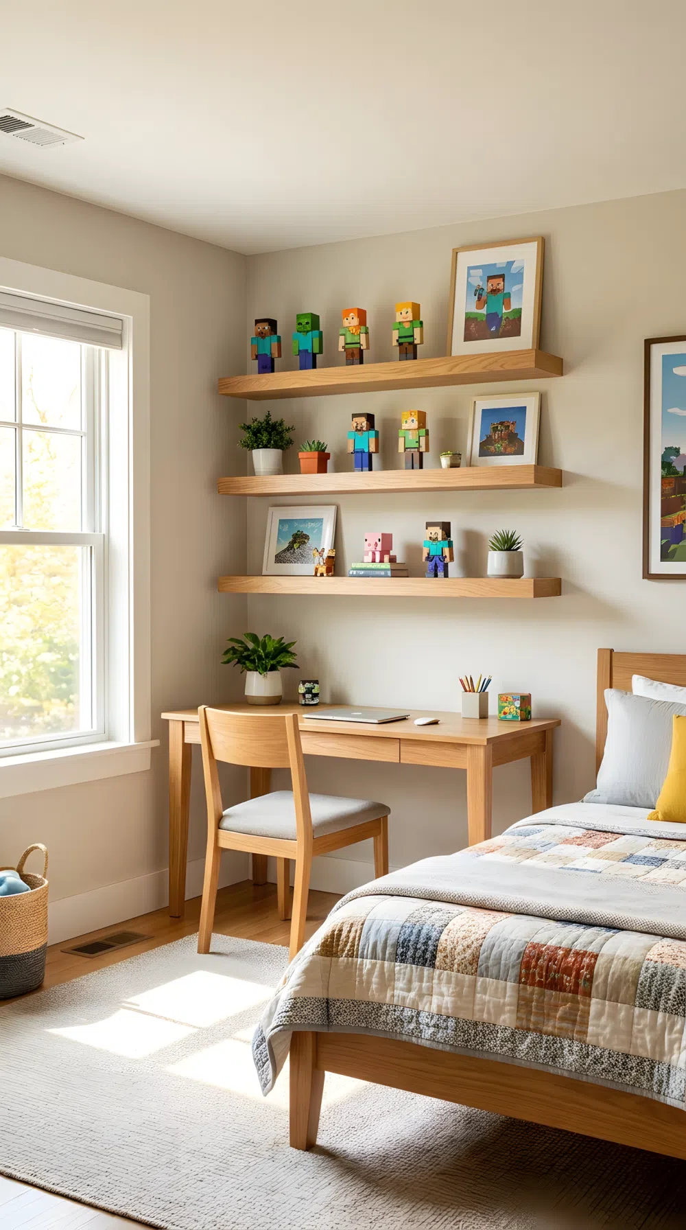 A wide-angle real-life photo of a bedroom wall with three floating light wood shelves installed at staggered heights above a desk, displaying small Minecraft blocky voxel-inspired figures and framed prints, neatly organized arrangement, bright natural light from a window, neatly made bed visible in frame, clean full room shot, photographic stock photo style, vibrant colors.