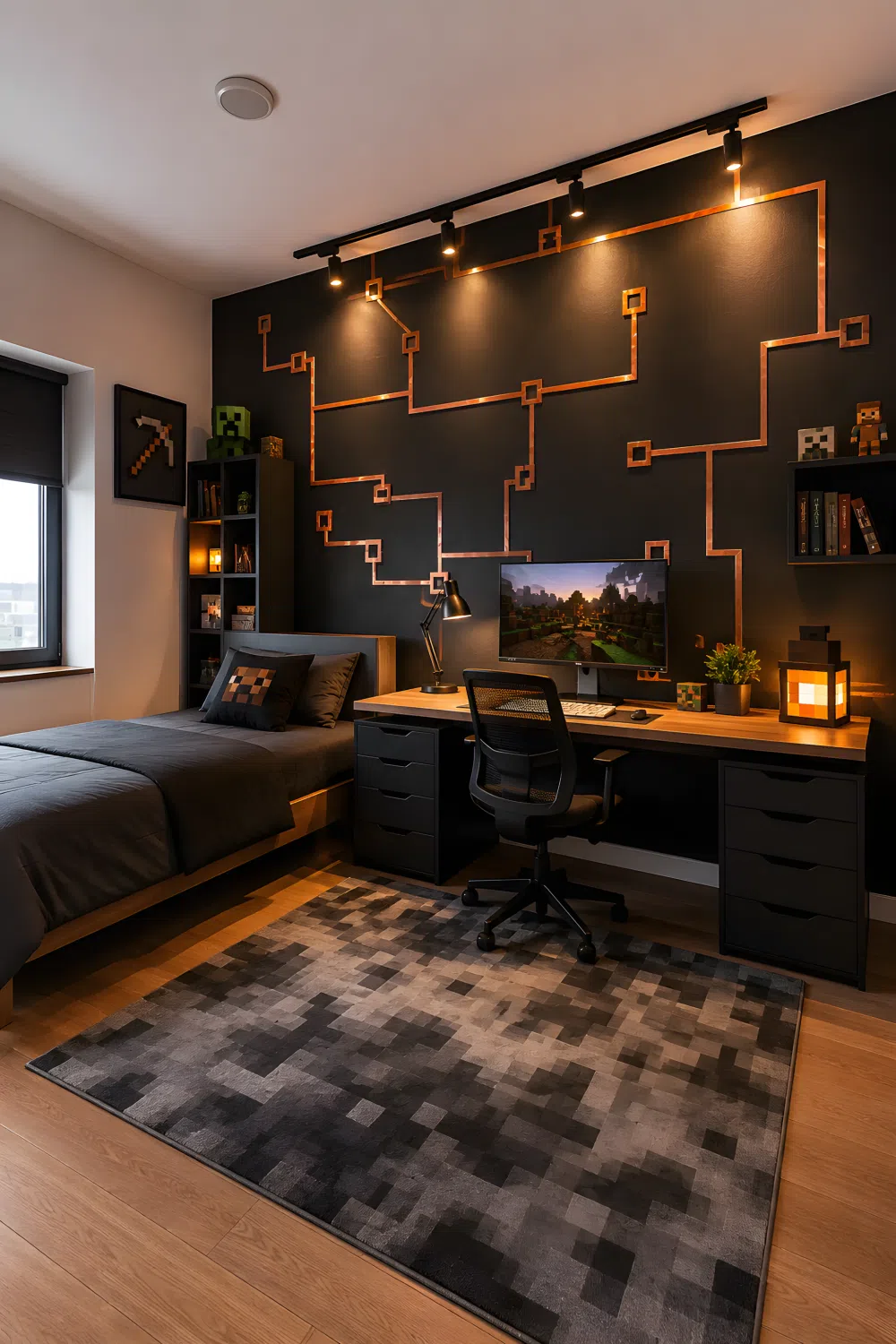 A wide-angle real-life photo of a bedroom with one dark accent wall featuring thin copper-toned metallic strips arranged in geometric lines resembling Minecraft redstone wiring in a blocky voxel-inspired layout, positioned behind a desk setup, bright accent lighting highlighting the copper lines, neatly organized desk, clean full room shot, photographic stock photo style, dramatic wide camera angle, vibrant copper tones.