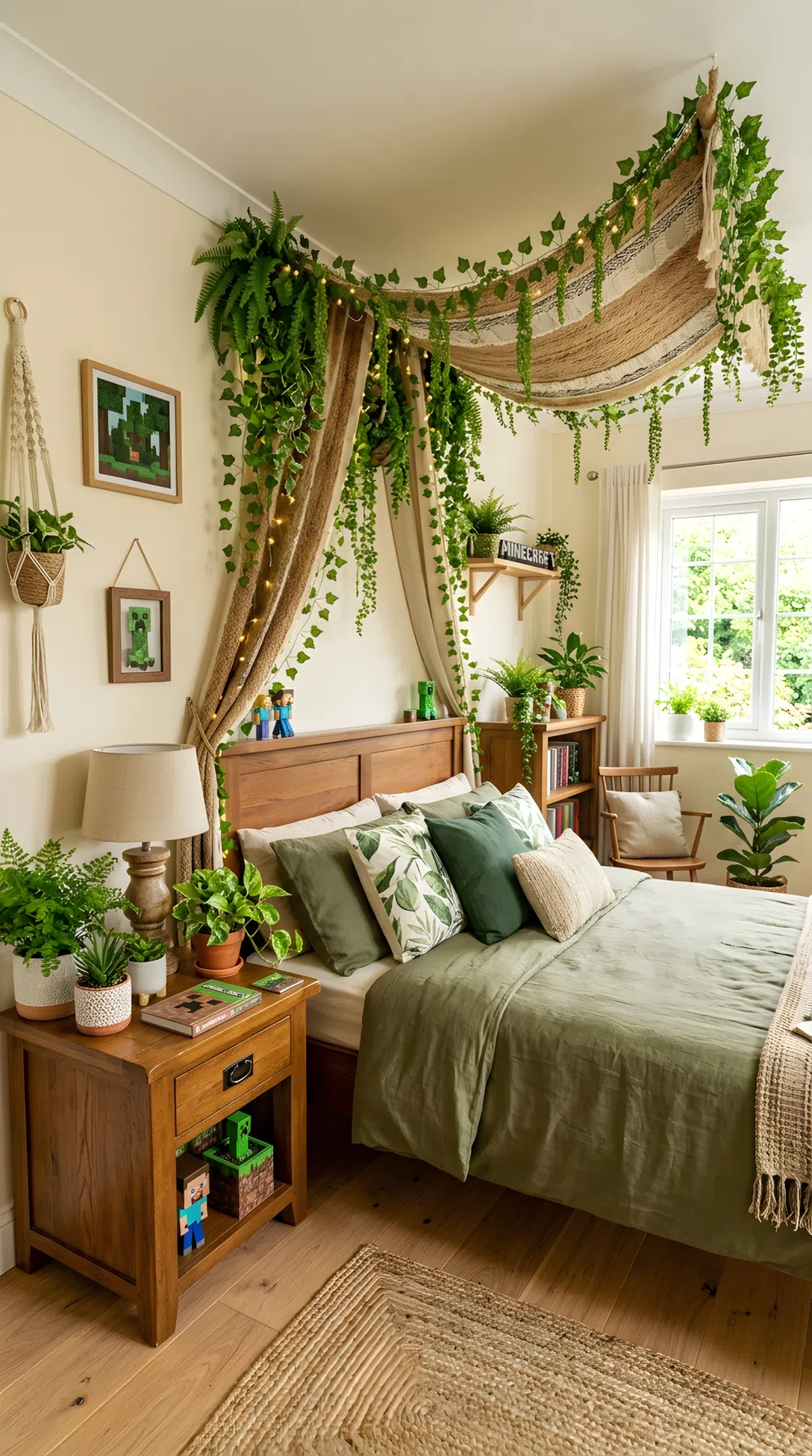 A wide-angle real-life photo of a bedroom corner styled like a Minecraft-inspired enchanted forest, hanging faux vines above a woven canopy over the headboard, small potted plants and greenery clustered on the nightstand, warm wood tones, bright natural light from a window, neatly made bed, clean and organized full room shot, photographic stock photo style, vibrant green tones.